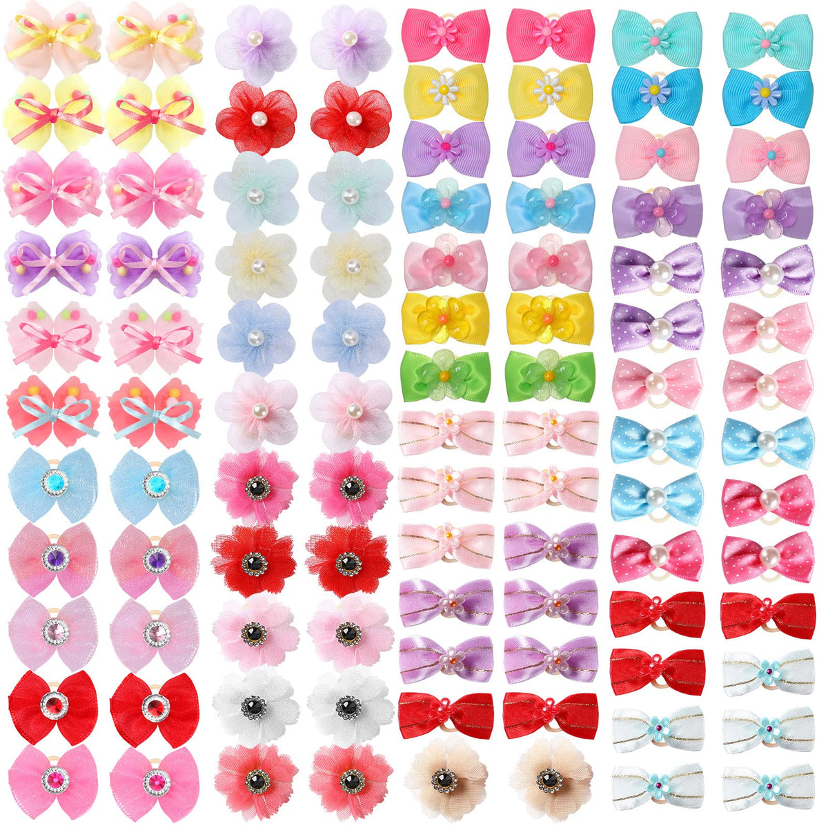 Yunsailing 100 Pcs Christmas Dog Bows Gifts Cute Dog Hair Bows Bulk Handmade Puppy Bowknot Hair Bow With Strong Rubber Bands And Rhinestone Pearls For Pet Dog Lover Present Hair Grooming Accessories