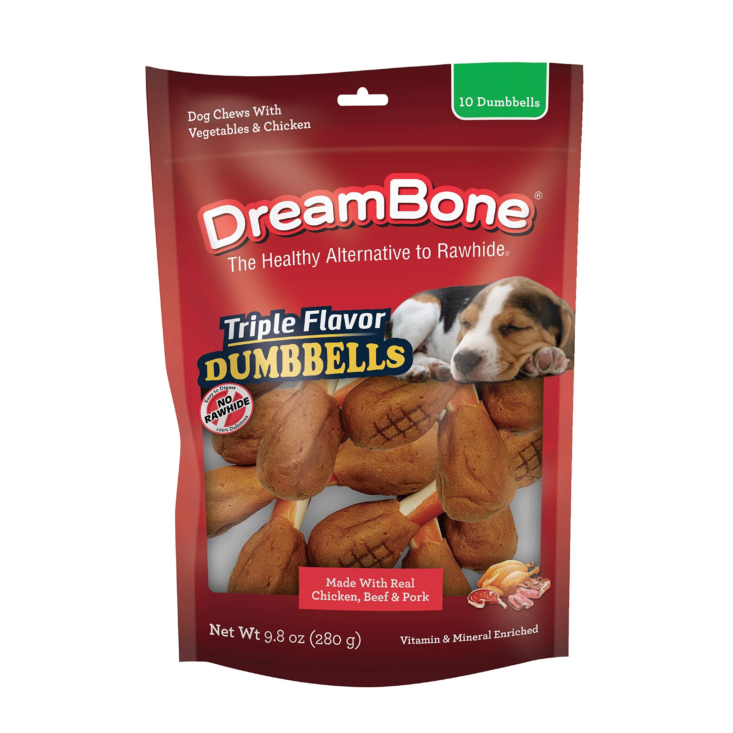 Dreambone Triple Flavor Dumbbells with Chicken 10 Count, Rawhide-Free Chews for Dogs (Pack of 24)