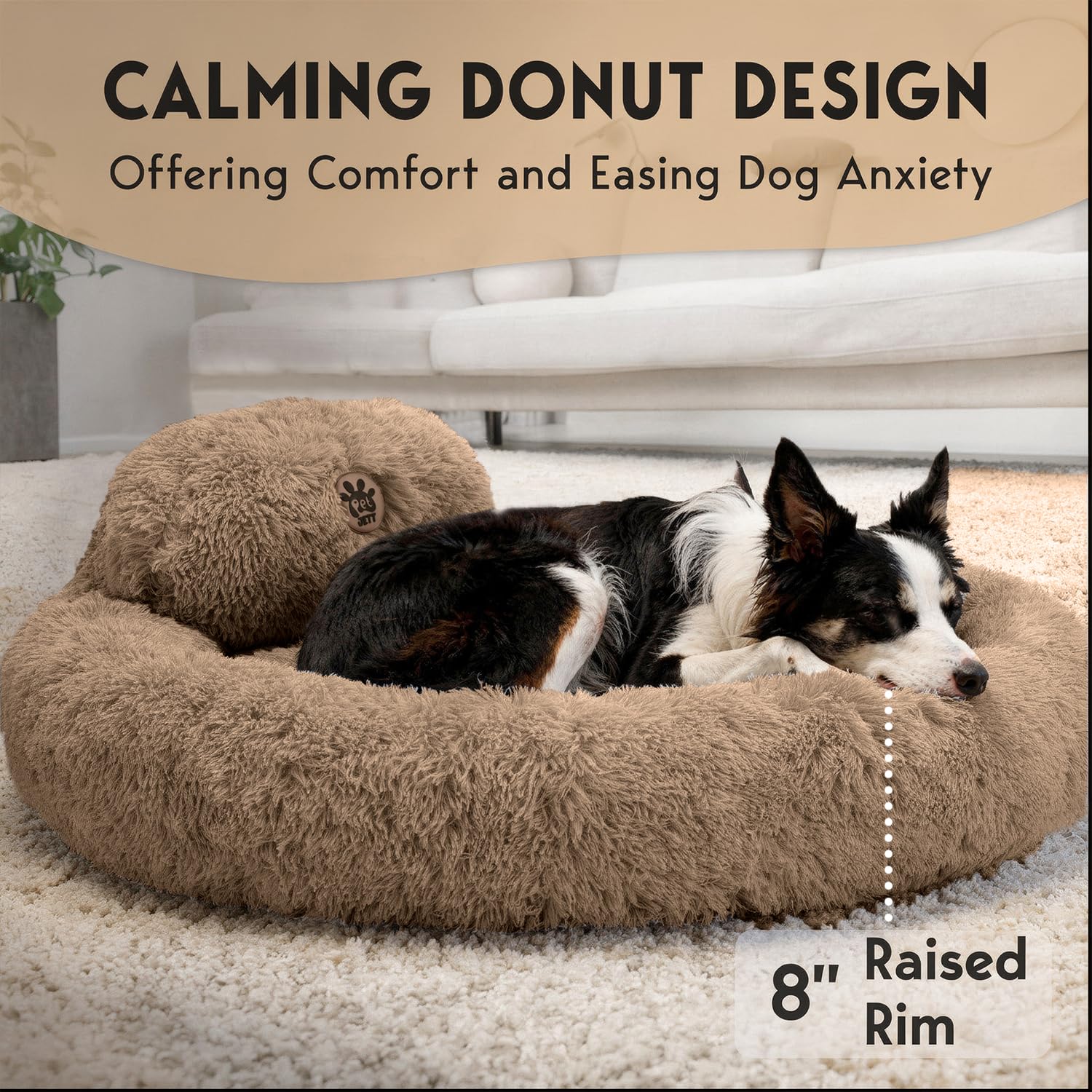 PetJett Calming Large Dog Bed - 36 Donut Dog Beds, Anti-Slip & Washable Large Round Bed, Fluffy Faux Fur Pet Bed, Super Soft A