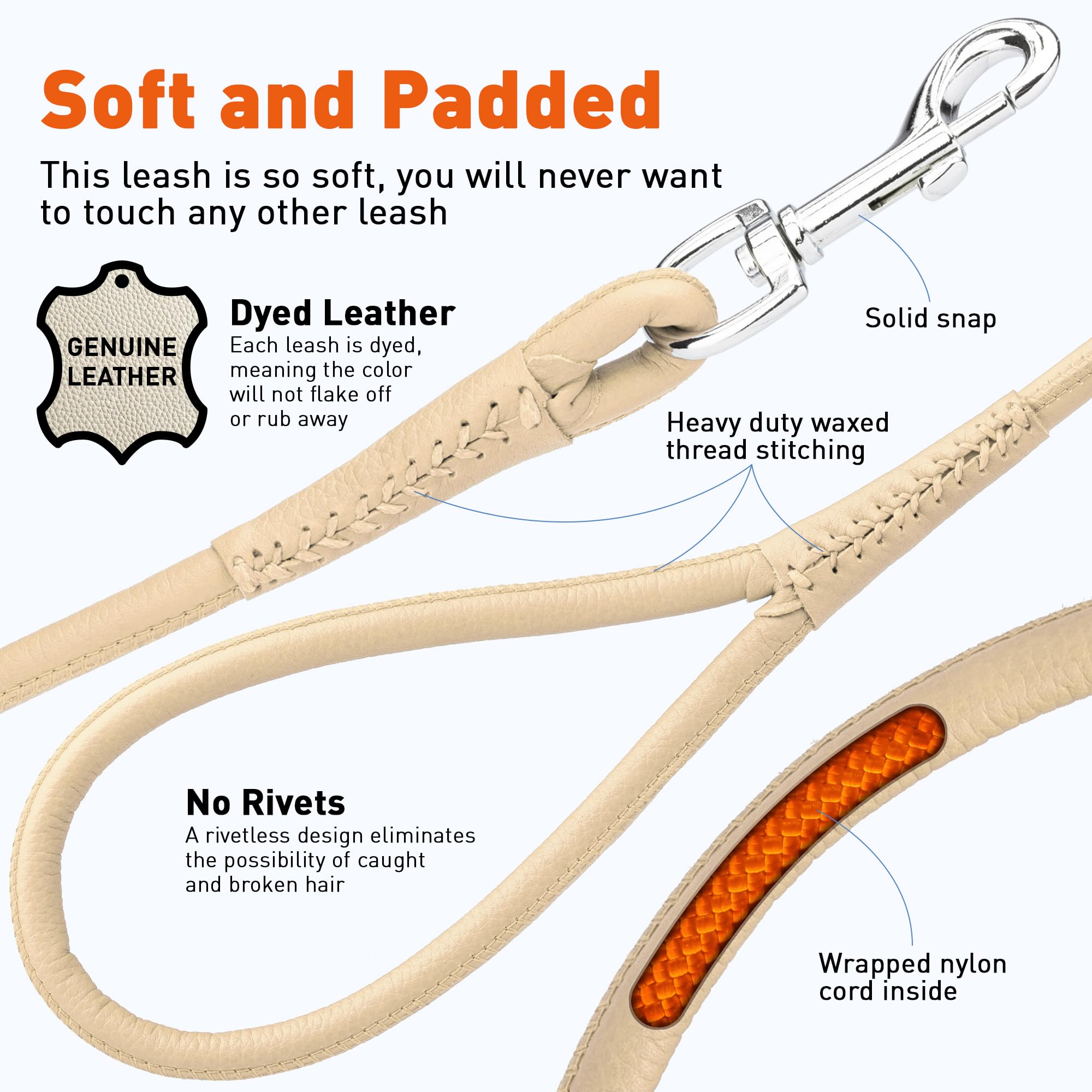 Dogline Rolled Leather Dog Leash - For Small, Medium And Large Breeds - Soft And Padded Lead Luxury Design - Beige - 3/8In W X 6Ft L