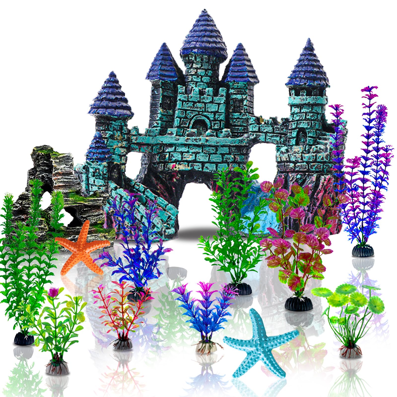 Mechpia 13 Pieces Aquarium Decorations Kit, Fish Tank Decorations Set Small Resin Castle and Rockery Betta Fish Cave Hideout Cor