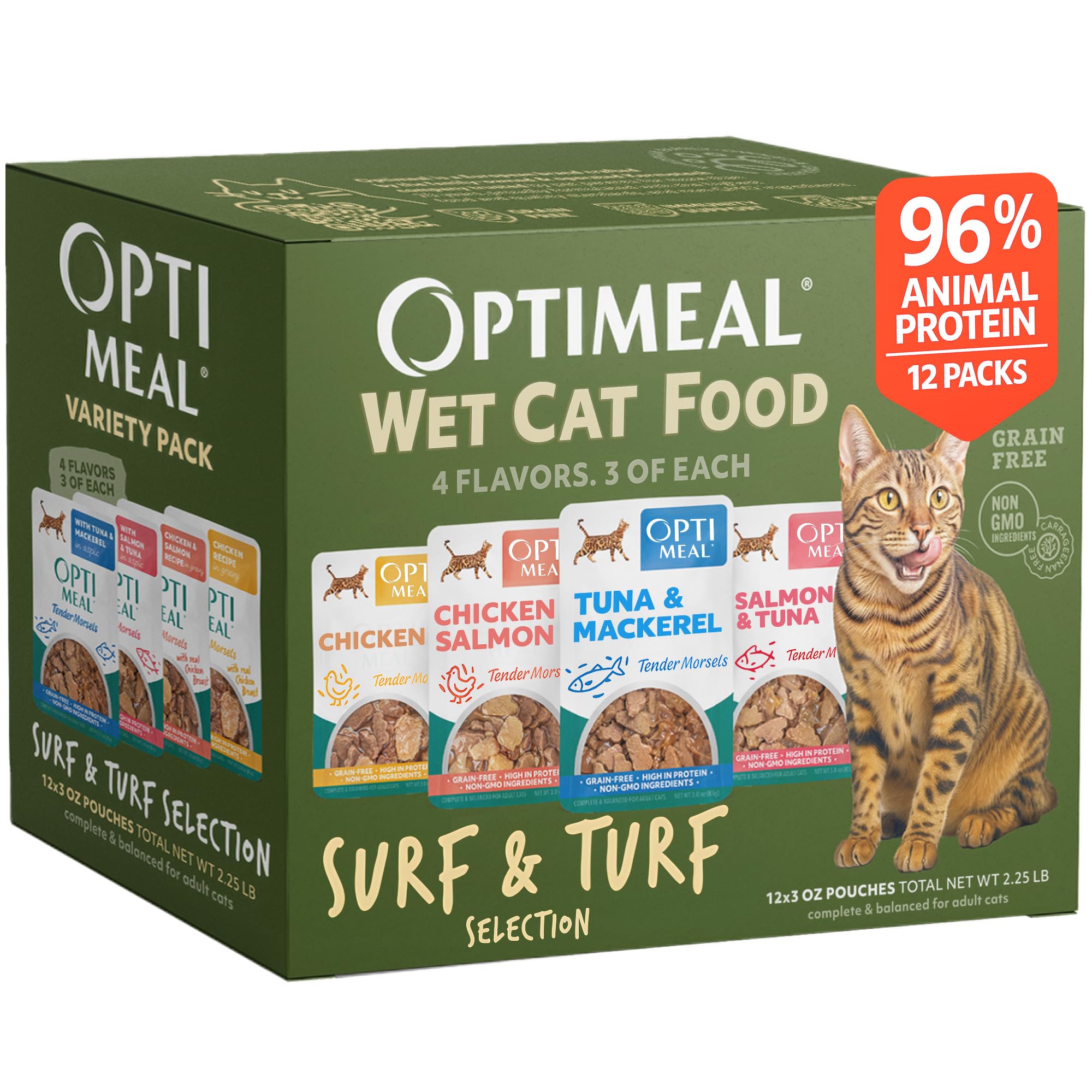 Optimeal Wet Cat Food Variety Pack - Surf & Turf Selection, Grain Free Tender Morsels, High Protein Premium Nutrition Made with 