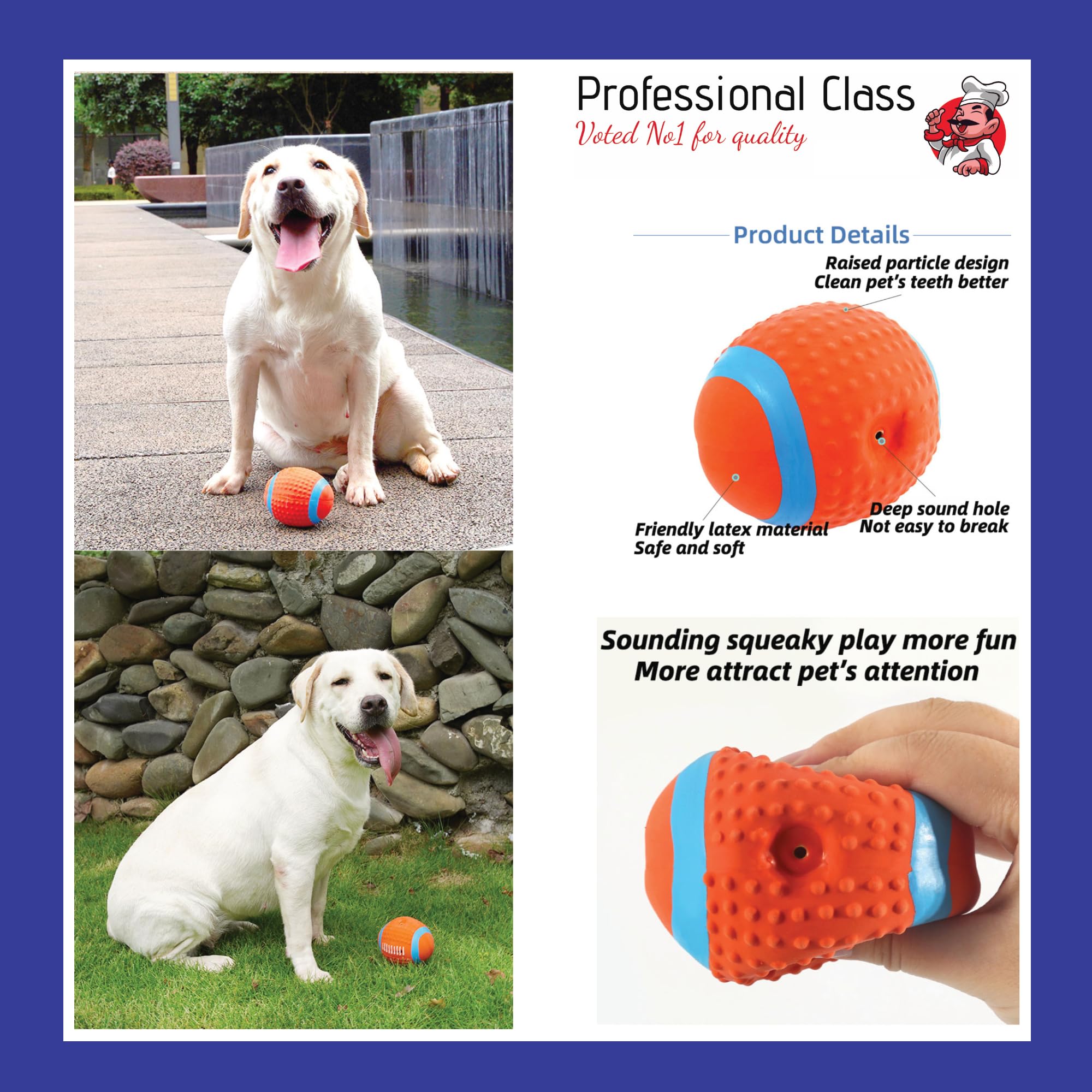Dog Balls Squeaky Balls For Dogs -Dog Toys Including 1 Solid Flex Dog Toy Play Ball With Handle (Red White Blue)