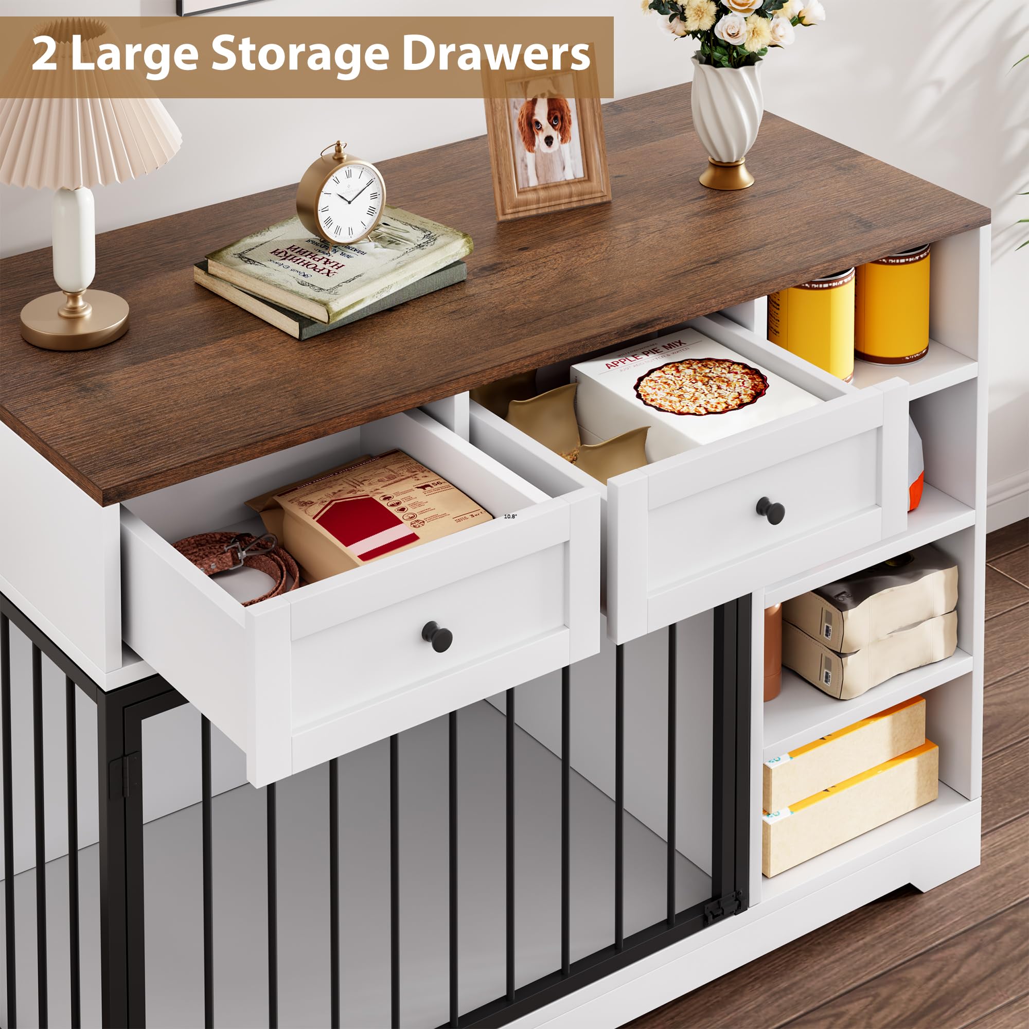 Dog Crate Furniture 47, Large Dog Crate TV Stand with 2 Drawers and 4 Shelves, Wooden Dog Kennel Indoor, Decorative Dog Cage wit