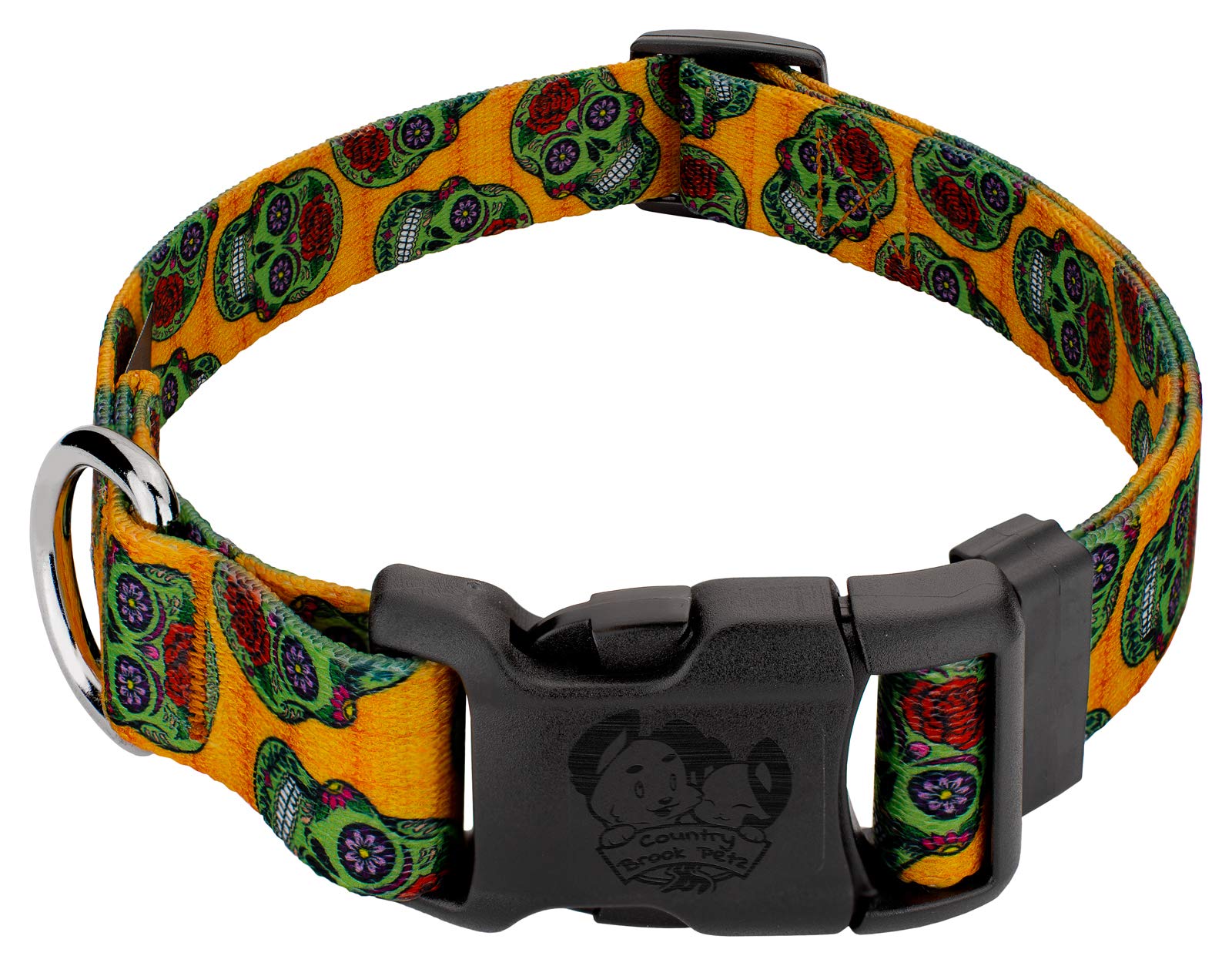 Country Brook Petz - Deluxe Sugar Skulls Dog Collar - Made In The U.S.A. - Halloween Collection Featuring Spooky Designs (1 Inch, Large)