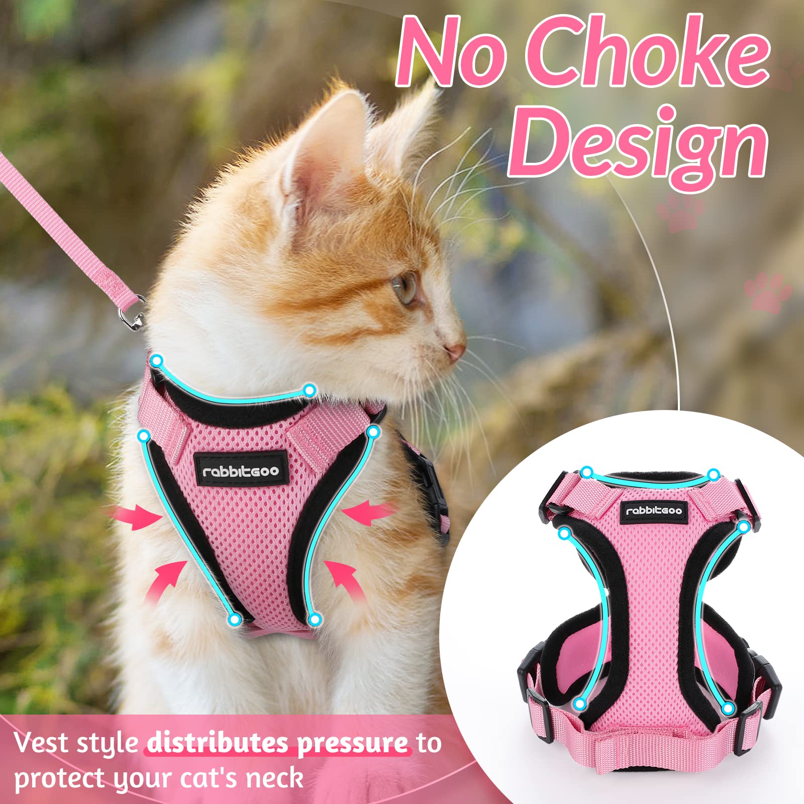 Rabbitgoo Cat Harness And Leash For Walking, Escape Proof Soft Adjustable Vest Harnesses For Cats, Easy Control Breathable Reflective Strips Jacket, Pink, Xxs