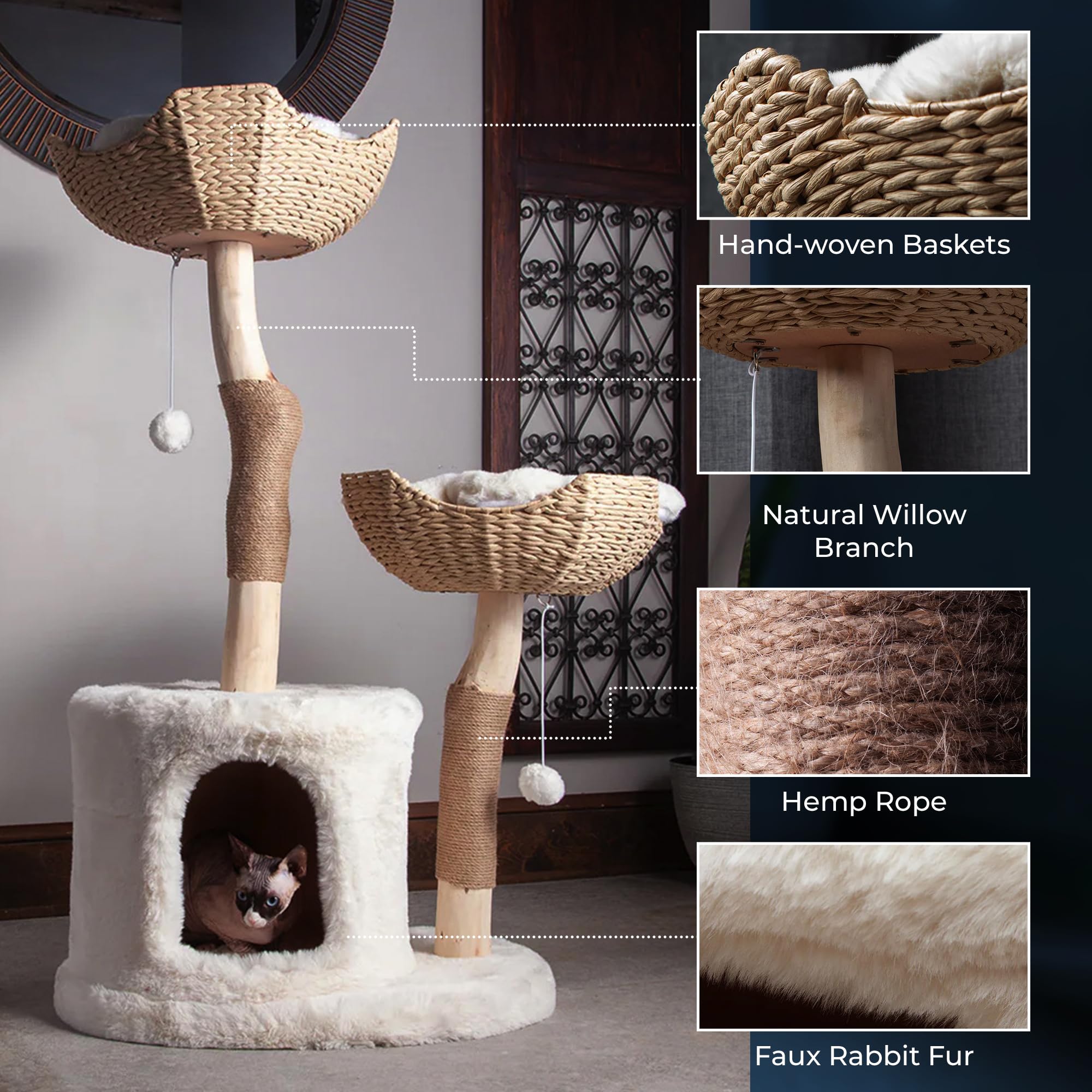 Habitat Haven The Bungalow Cat Tree - Luxury Cat Condo, Large Modern Indoor Tower With 2 Faux Fur Beds, Scratching Posts, Toys,