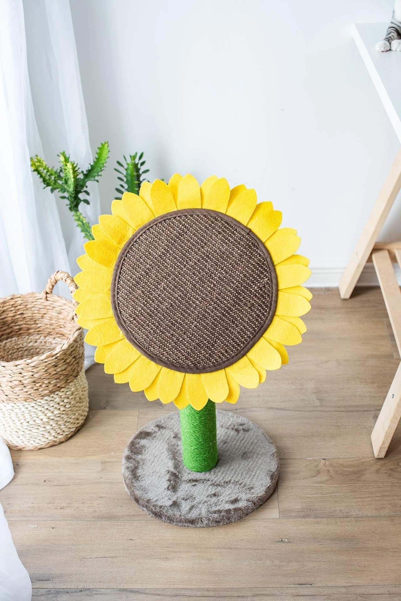 Catry 24' Sunflower Cat Scratching Post, Sunflower Small Cat Bed, 2 In 1 Natural Jute Scratching Pad And Bed With Cat Teaser Bee Toy