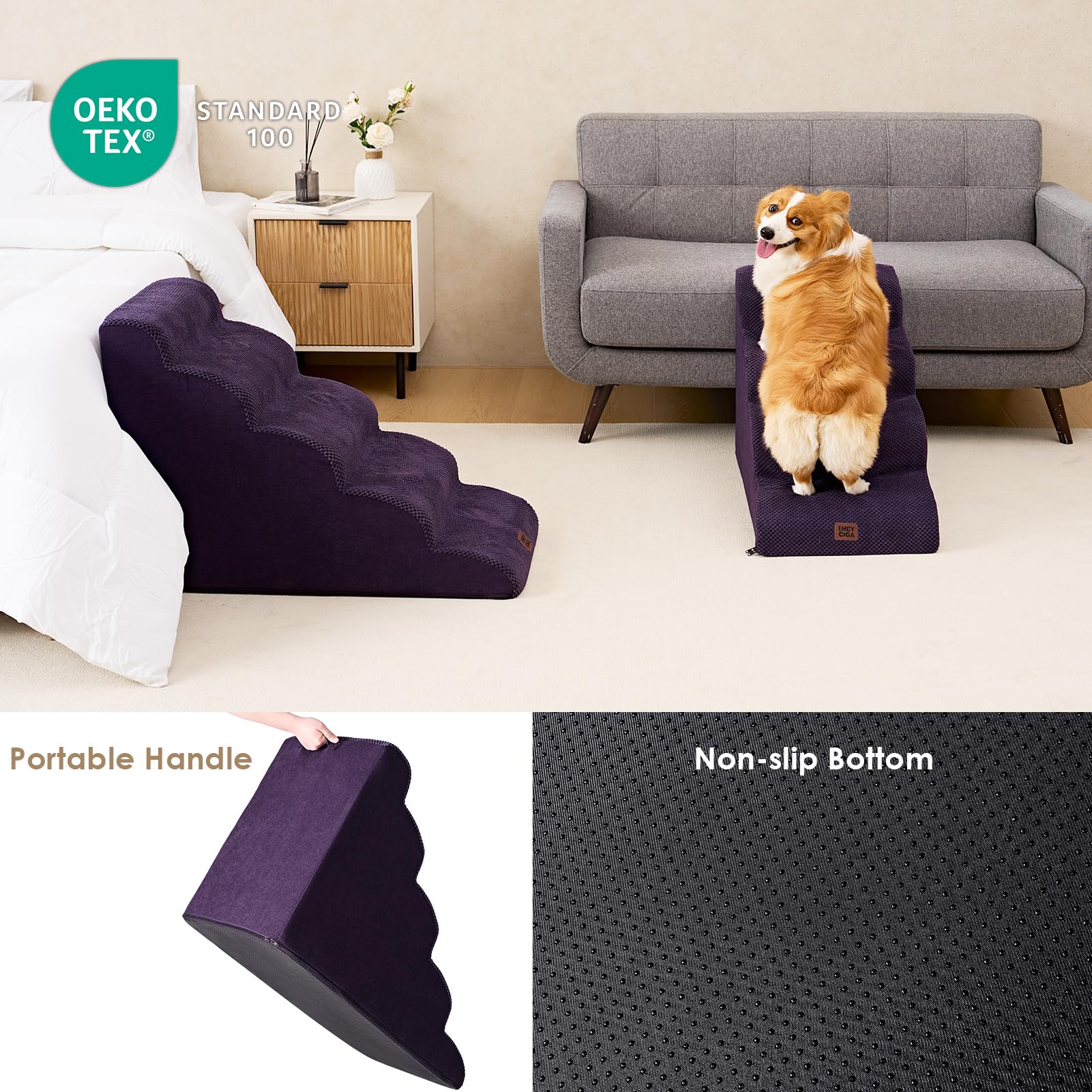 EHEYCIGA Curved Dog Stairs Ramp - 4-Step Pet Steps for High Beds, Non-Slip, Purple, 19.7" H, Model ECUS24PPT10FB