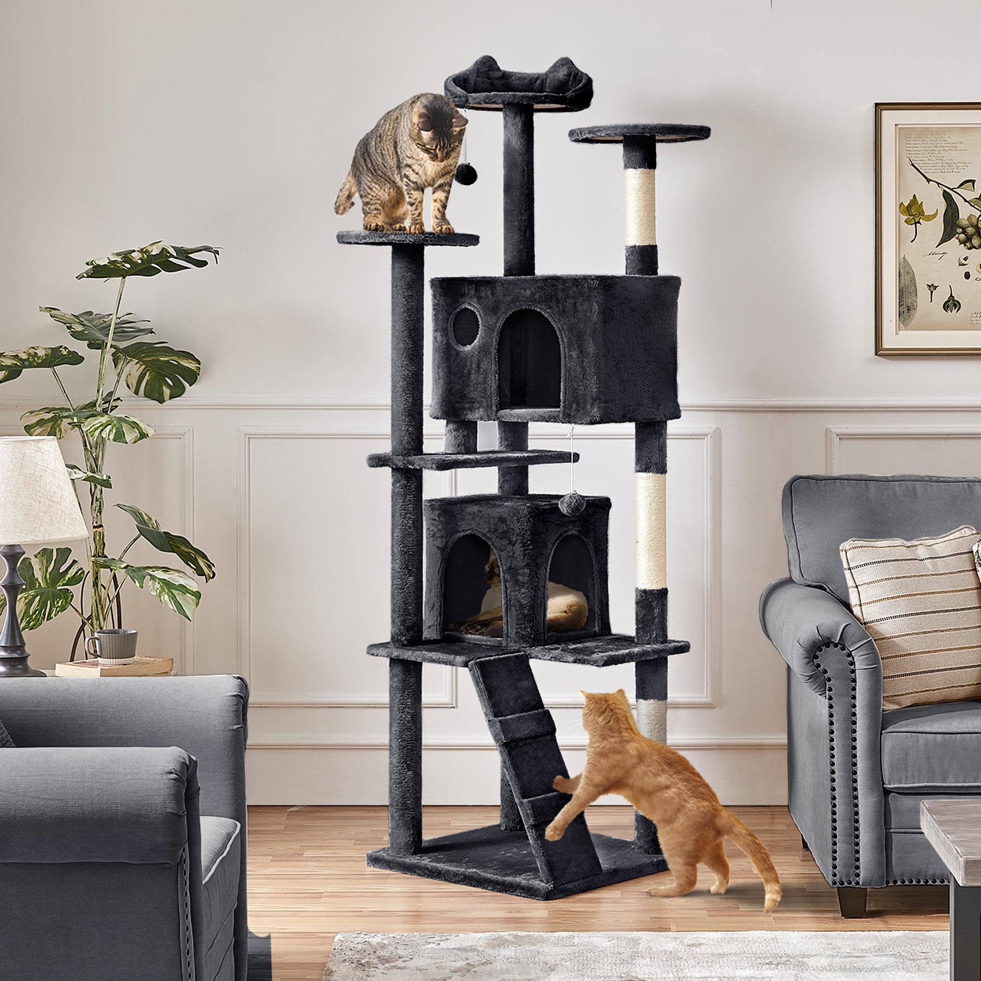 Yaheetech Larget Cat Tree, 80In Multi-Level Cat Tower With Cat Scratching Posts, Double Cat Condo, Perched Platforms And Danglin