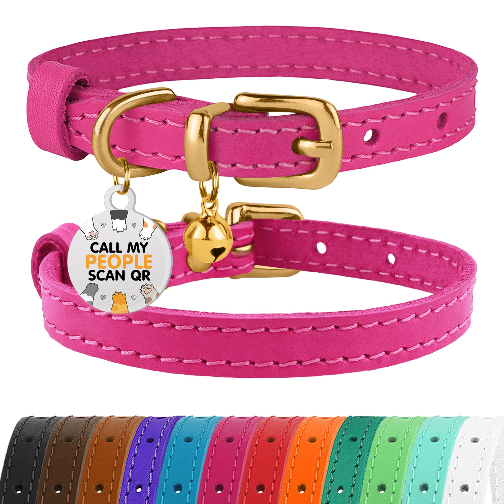 Bronzedog Leather Cat Collar With Bell Non Breakaway Kitten Qr Tag For Girl Boy (9' - 11' Cats/Mini Dogs, Pink & Gold)