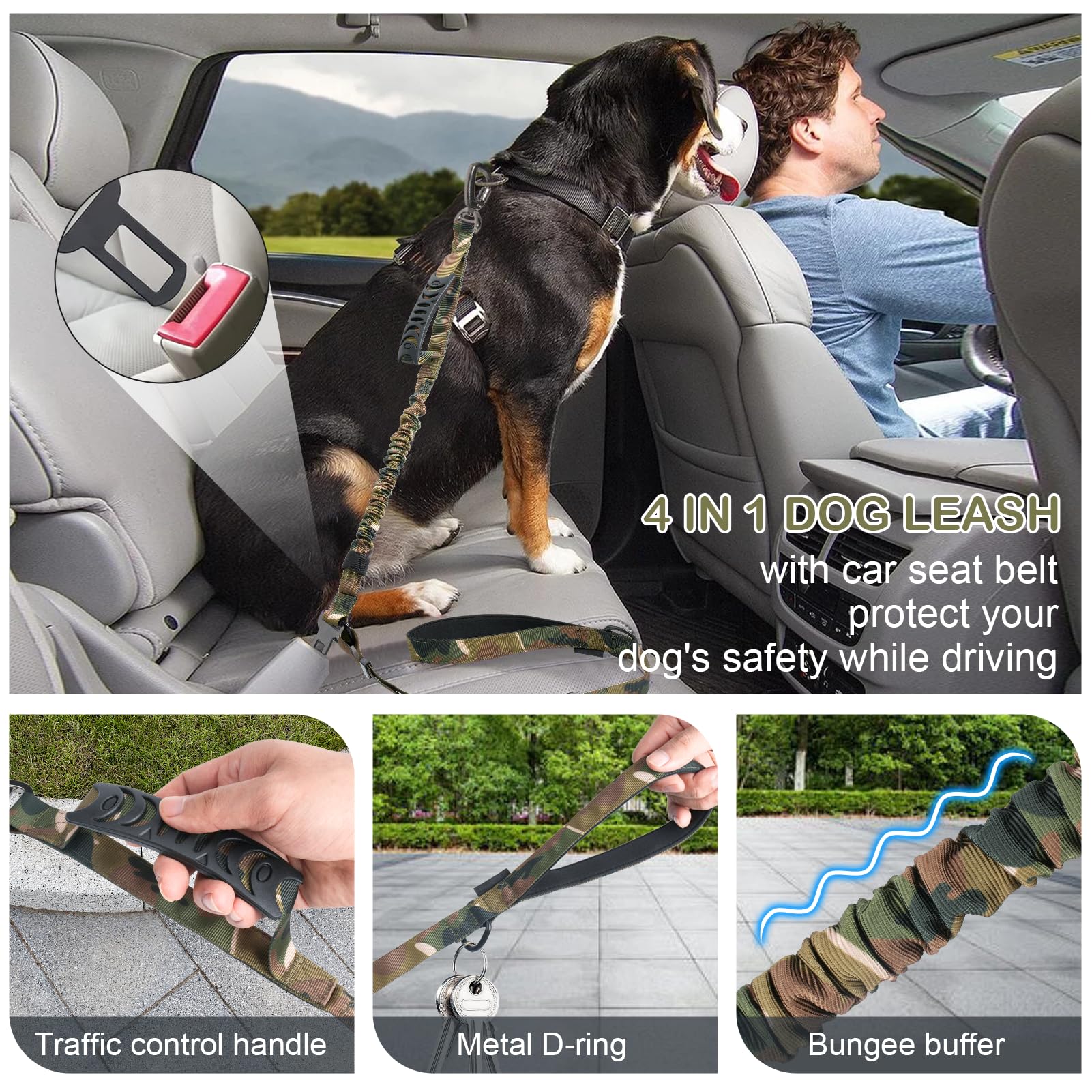 Tactical Dog Leash Heavy Duty, 4-6FT Shock Absorbing Bungee Dog Leash, Strong No Pull Military Dog Leash with Control Handle, Pa