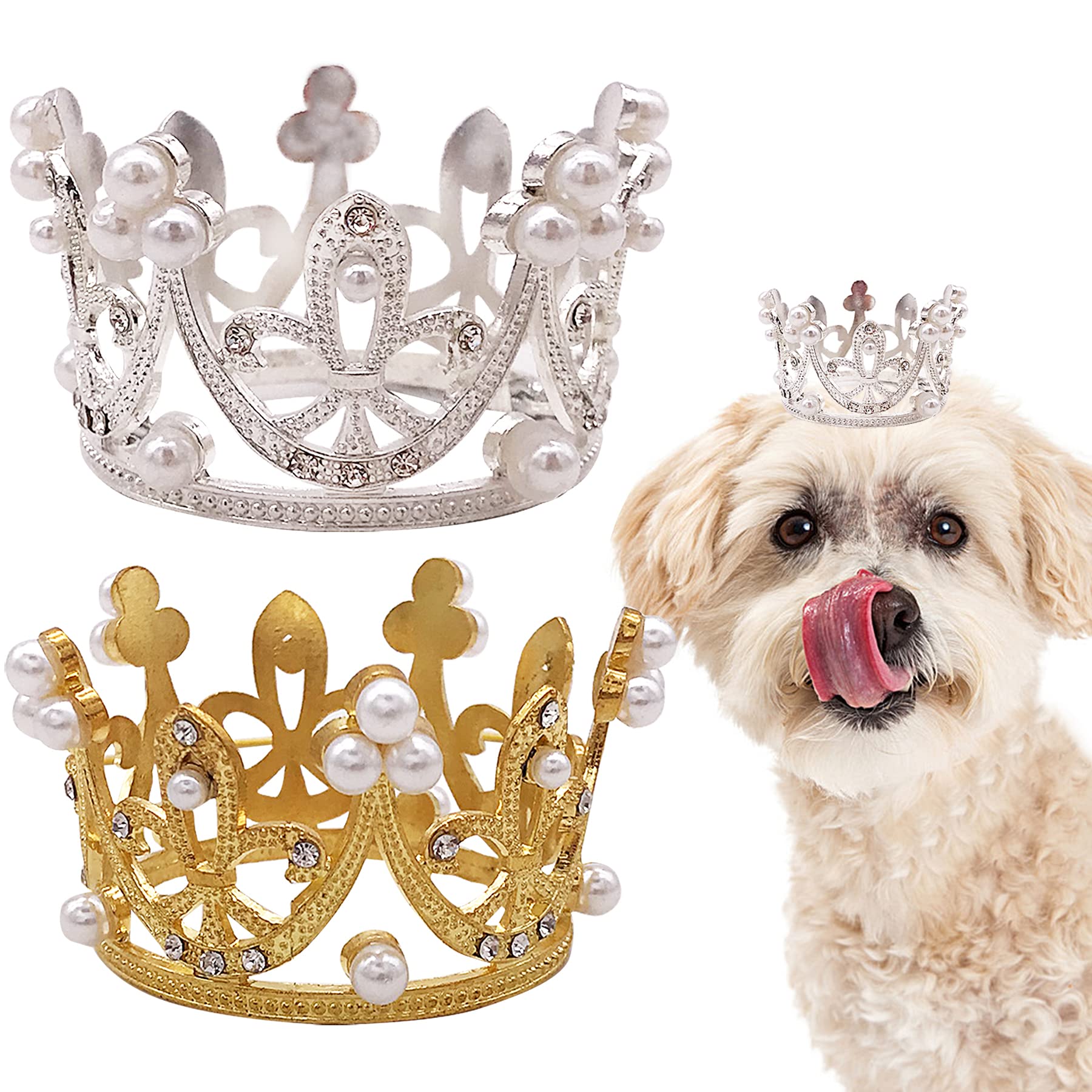 Pet Show 2Pcs Small Dog Crown Headband Puppies Rabbit Cat Hat For Birthday Party Silver Gold Rhinestone Faux Pearl Crown For Boy Girl Wedding Hair Accessories Photo Prop Costume