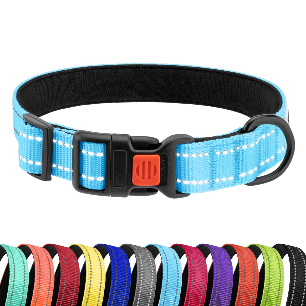 Collardirect Reflective Padded Dog Collar For A Small, Medium, Large Dog Or Puppy With A Quick Release Buckle - Boy And Girl - Nylon Suitable For Swimming (14-18 Inch, Light Blue)