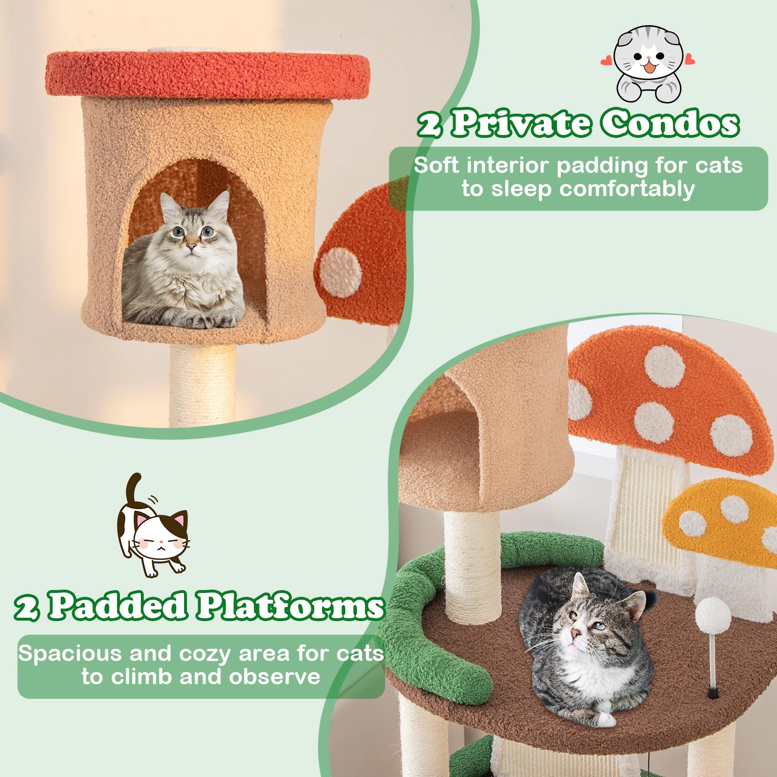 Petsite Mushroom Cat Tree, 57.5 Inches Tall Multi-Level Cat Tower With Natural Sisal Scratching Posts & Boards, Cat Condo And Te