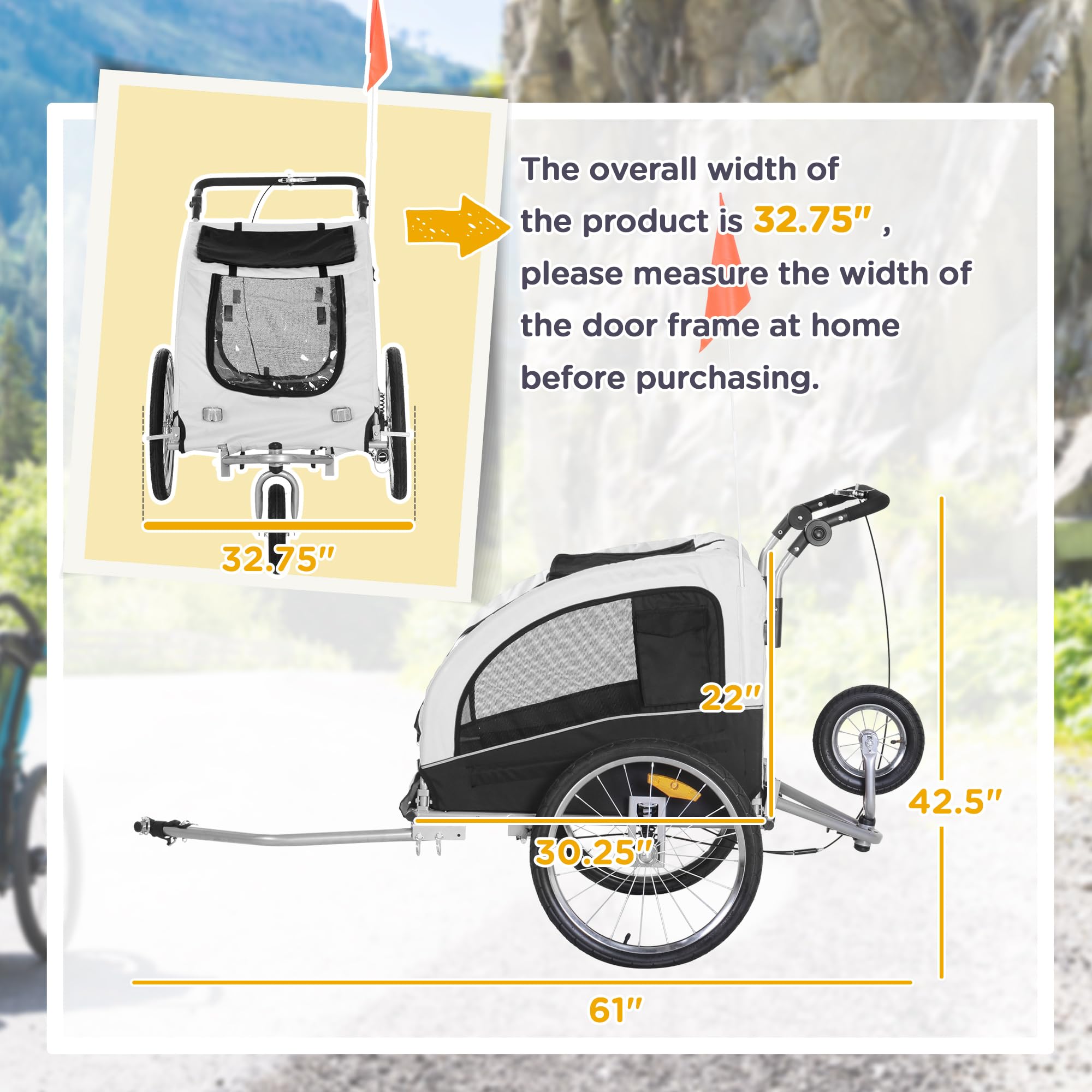 Aosom Dog Bike Trailer 2-in-1 Pet Stroller with Canopy and Storage Pockets, White