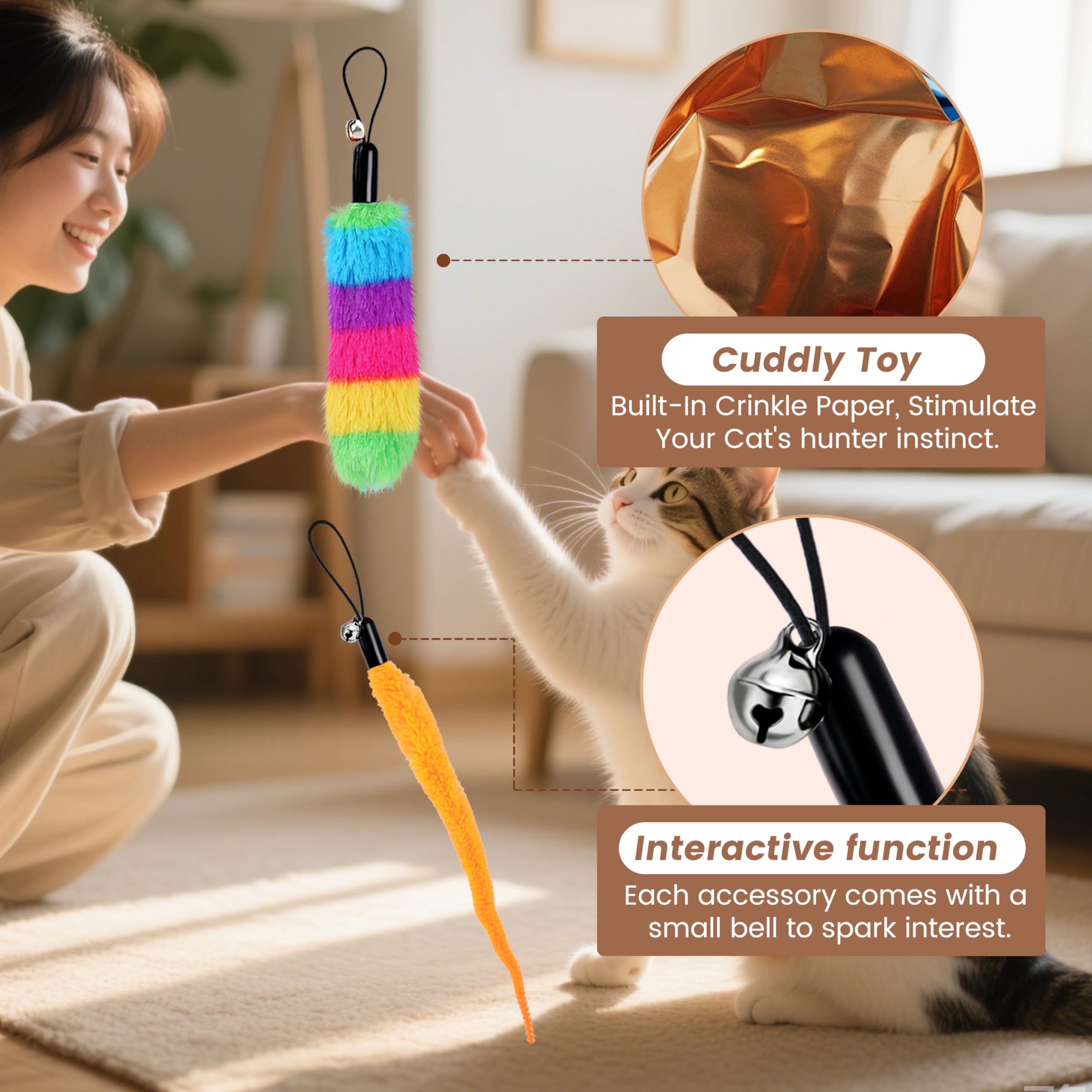 Gogodogya Cat Worm Toy Attachments For Automatic Cats Ball, Cat Feather Toy For Wand Toys, Fun Exerciser Kitten Toys, 6 Worm+2 R