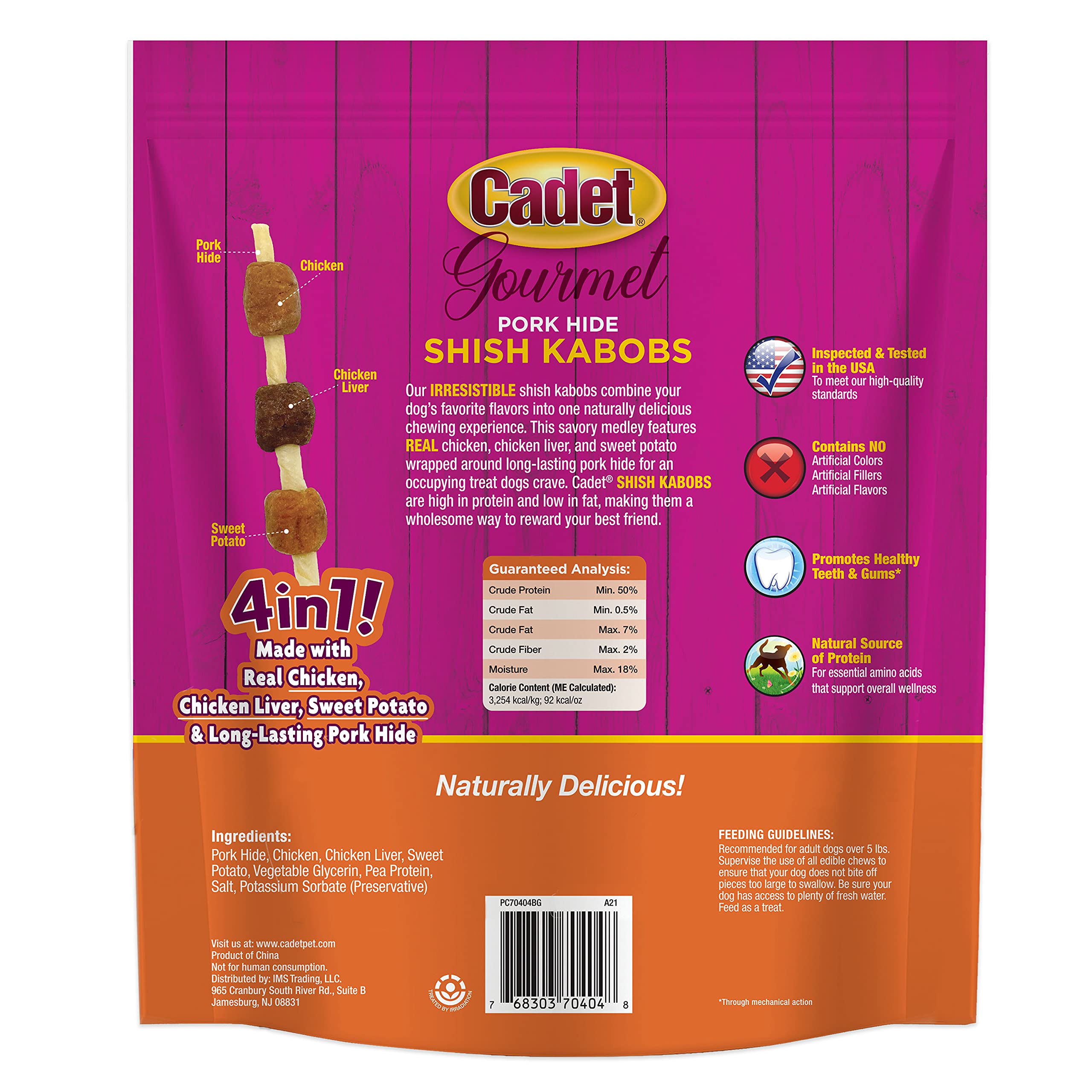Cadet Gourmet Shish Kabob Dog Chews for Small Dogs, Rawhide Treats with Chicken, Duck and Sweet Potato, Healthy & Natural Pork H