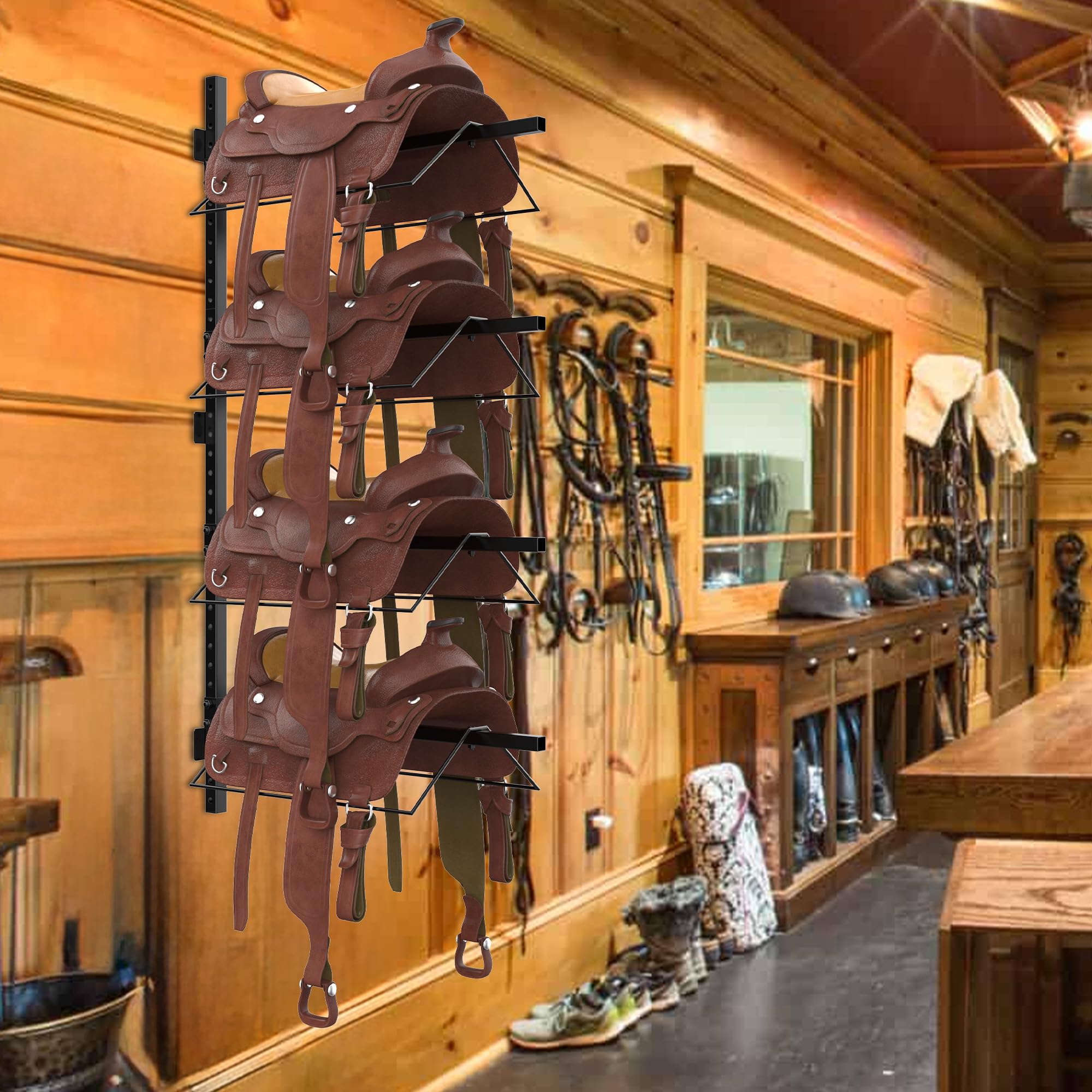 Rtosy 4 Tier Saddle Rack Wall Mount, Horse Saddle Rack For English & Western Saddles, Tack Storage, Pad, Accessories Etc For Hor