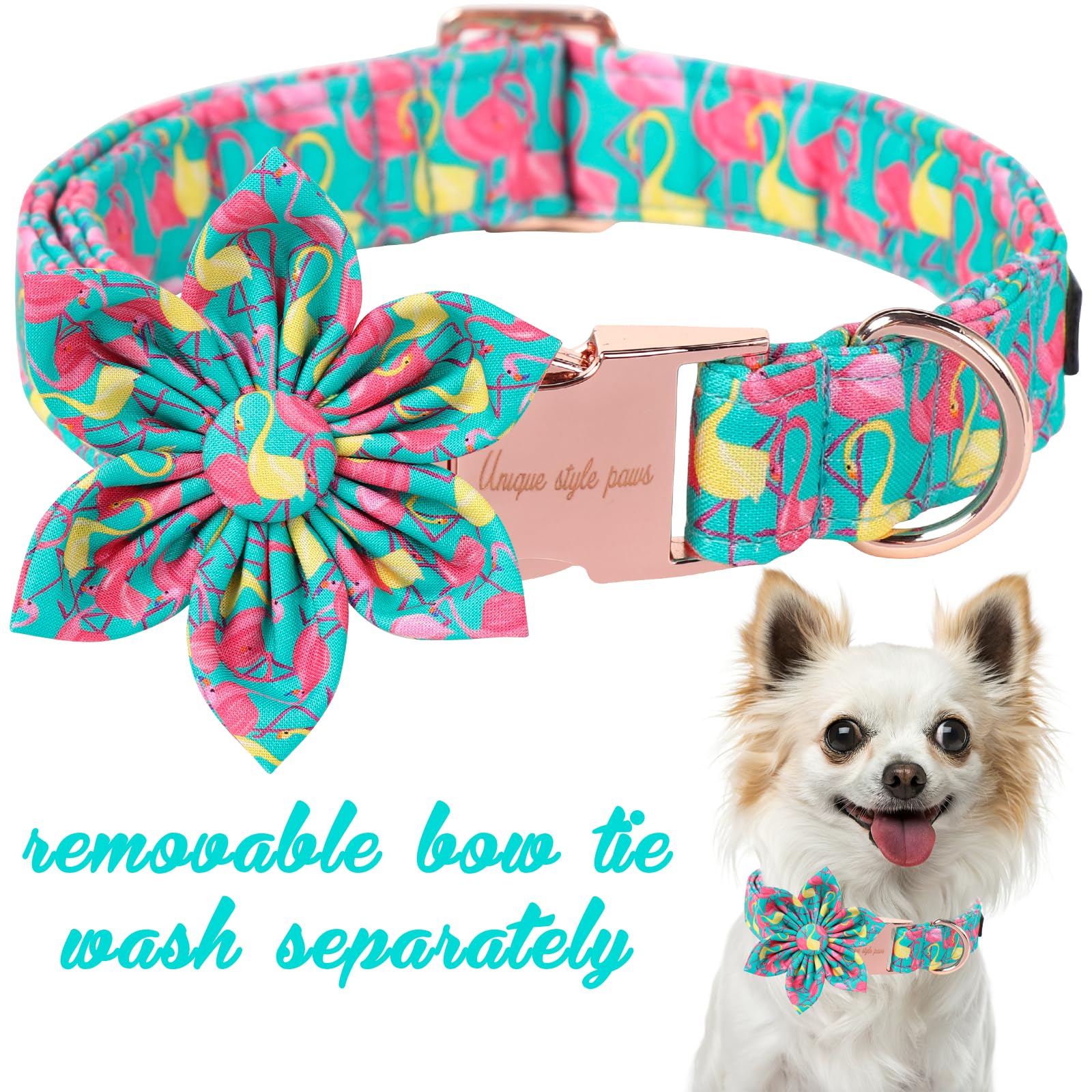 Unique Style Paws Summer Dog Collar With Floral Bow,Flamingo Bow Tie Puppy Collar, Cute Green Dog Bow Collar For Small,Medium,La