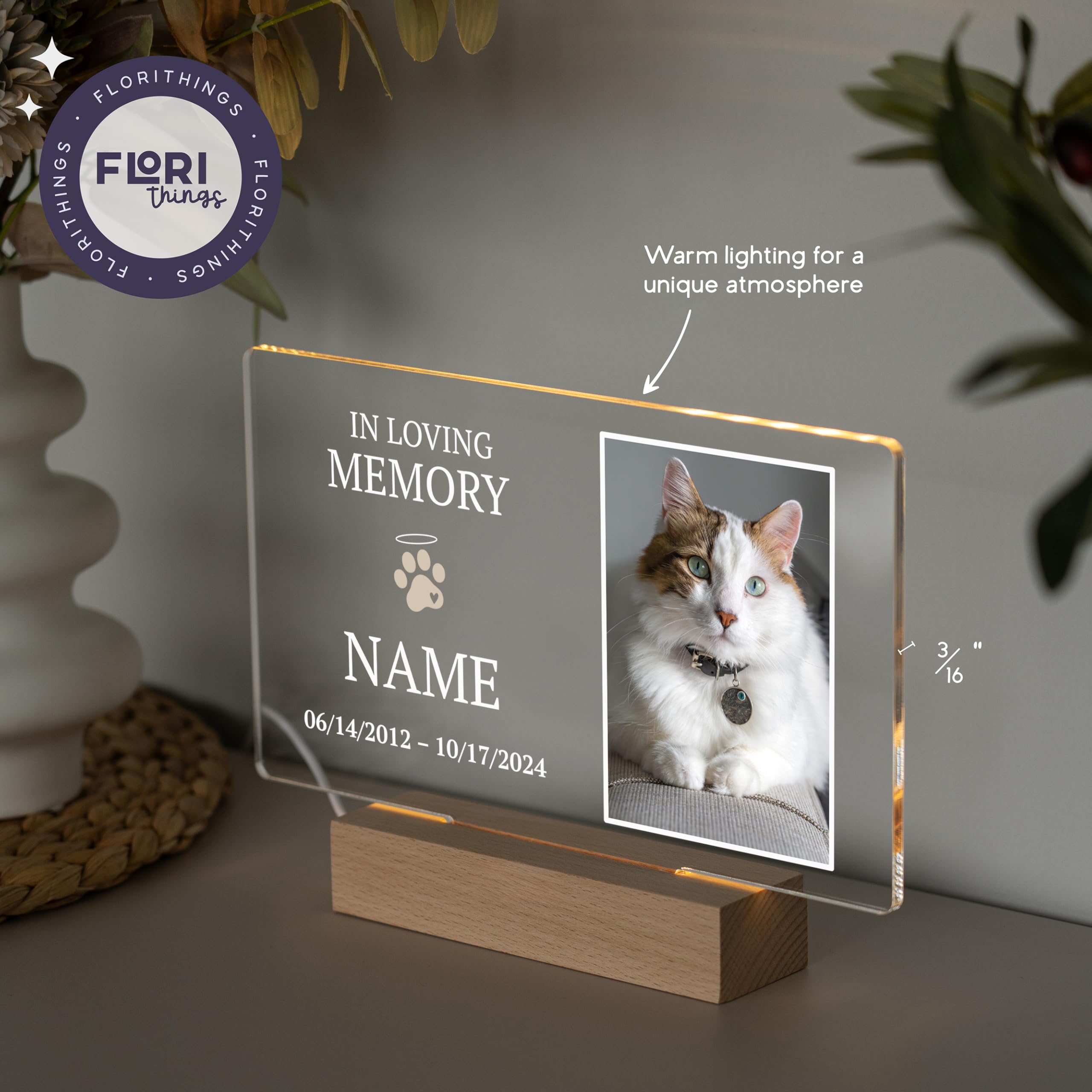 Florithings Cat Memorial Gifts/Memorial Gifts/Pet Memorial Stones/Personalized With Uv Printed Acrylic/Led Base For Perfect Ambi