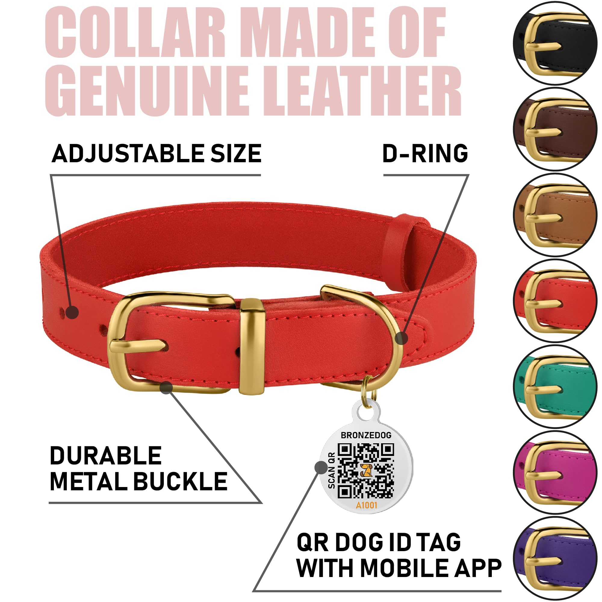 Bronzedog Leather Dog Collar With Metal Buckle Durable Basic Pet Collars For Small Medium Large Dogs (14-17 Inch (Pack Of 1), Red & Gold Buckle)