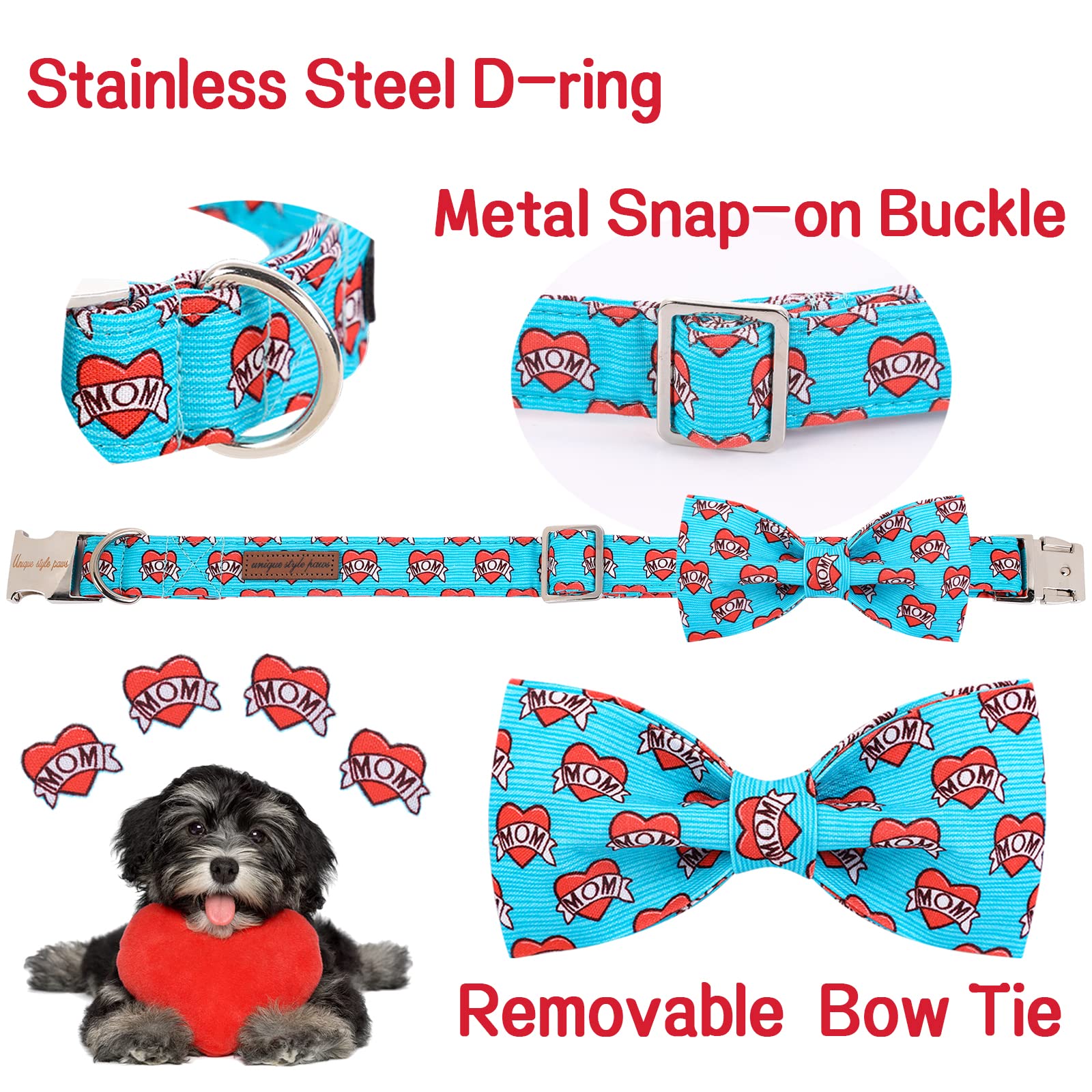 Unique Style Paws Valentine'S Day Dog Collar With Bow Tie Blue Heart Puppy Collar Best Gift For Small Medium Large Boys Girls-M