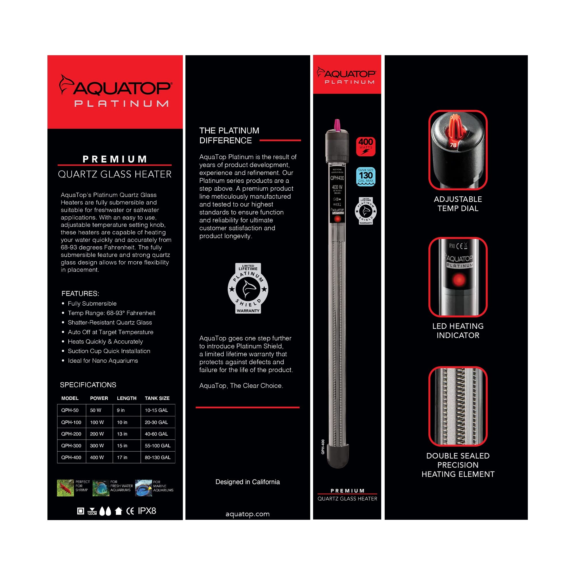 Aquatop 400W Quartz Platinum Heater - Fully Submersible For 80-130 Gallons Fish Tanks 68-93F Adjustable Temperature Range Fresh