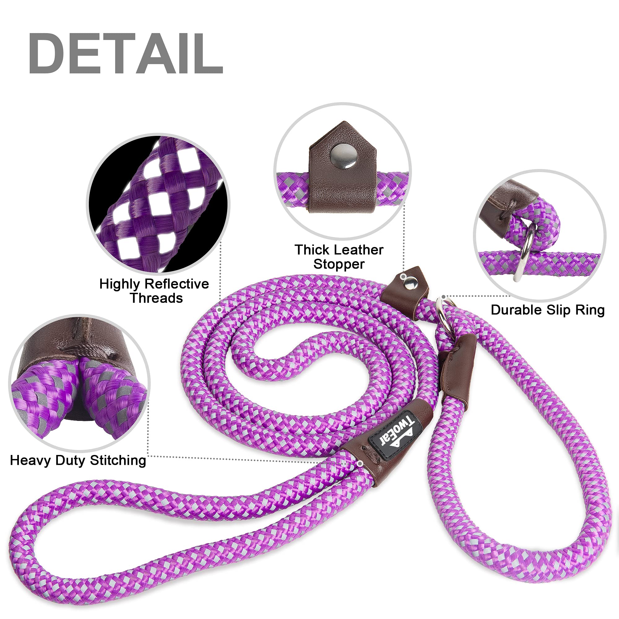 Twoear Dog Leash Dog Slip Rope Leash 6Ft Dog Training Leash Heavy Duty Strong Slip Lead Highly Reflective Threads For Small Medium And Large Dogs (Slim(3/8''X6Ft), Purple)