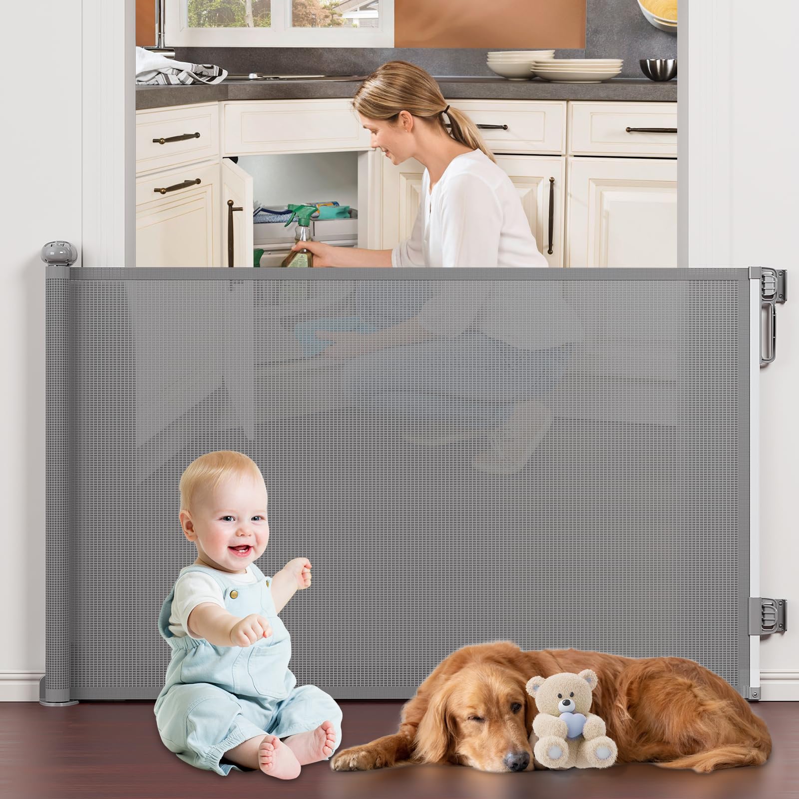 Probebi Retractable Baby Gates Extra Wide，Probebi Retractable Dog Gate The House Extends To 72'' Wide 34'' Tall，Gates Baby Indoor，Stair Gate Outdoor，Staris，Hallways，Doorways，Deck，Porch，C-Grey (Sg021)