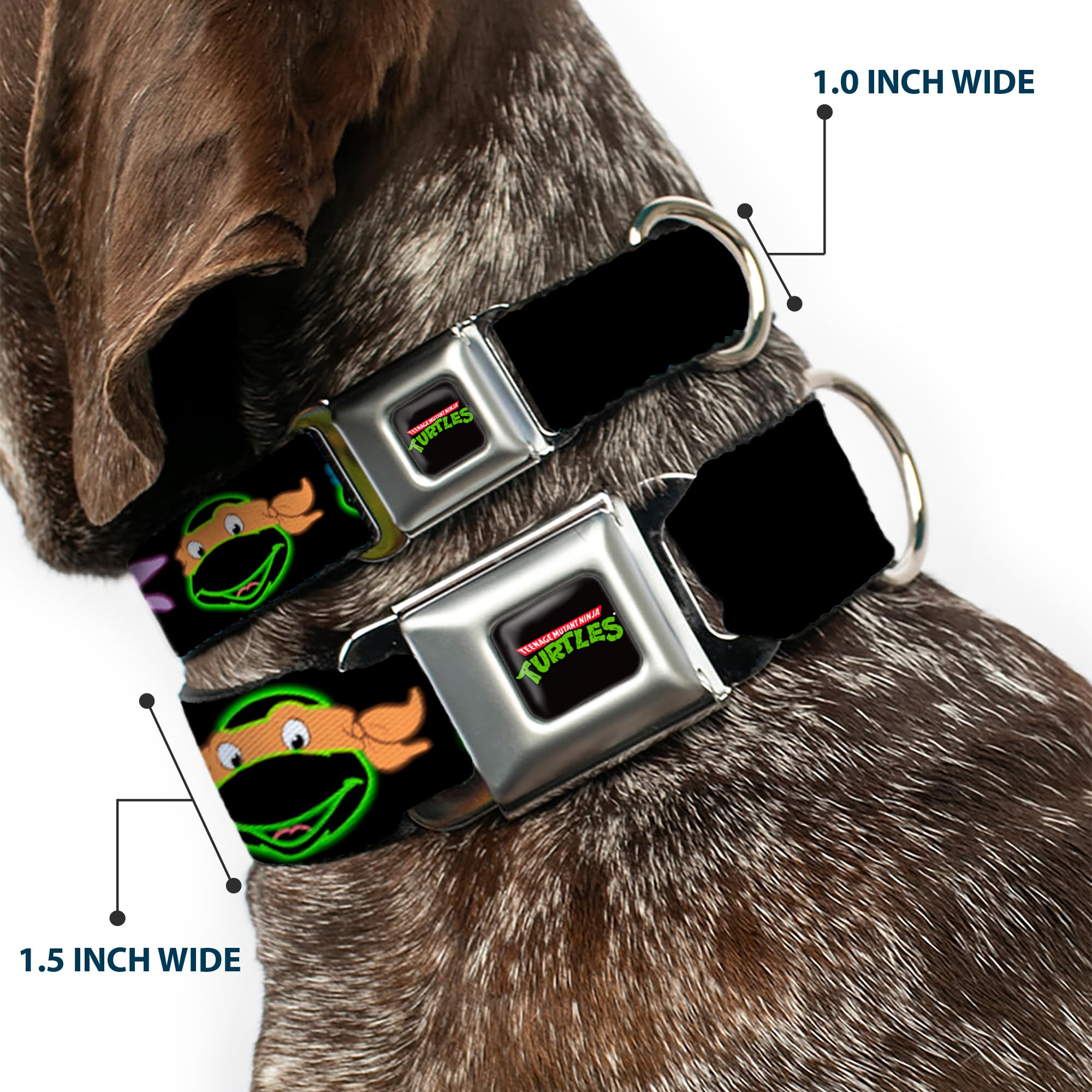 Buckle-Down Seatbelt Buckle Dog Collar - Classic Tmnt Electric Expressions Black/Multi Neon - 1.5'' Wide - Fits 13-18'' Neck - S