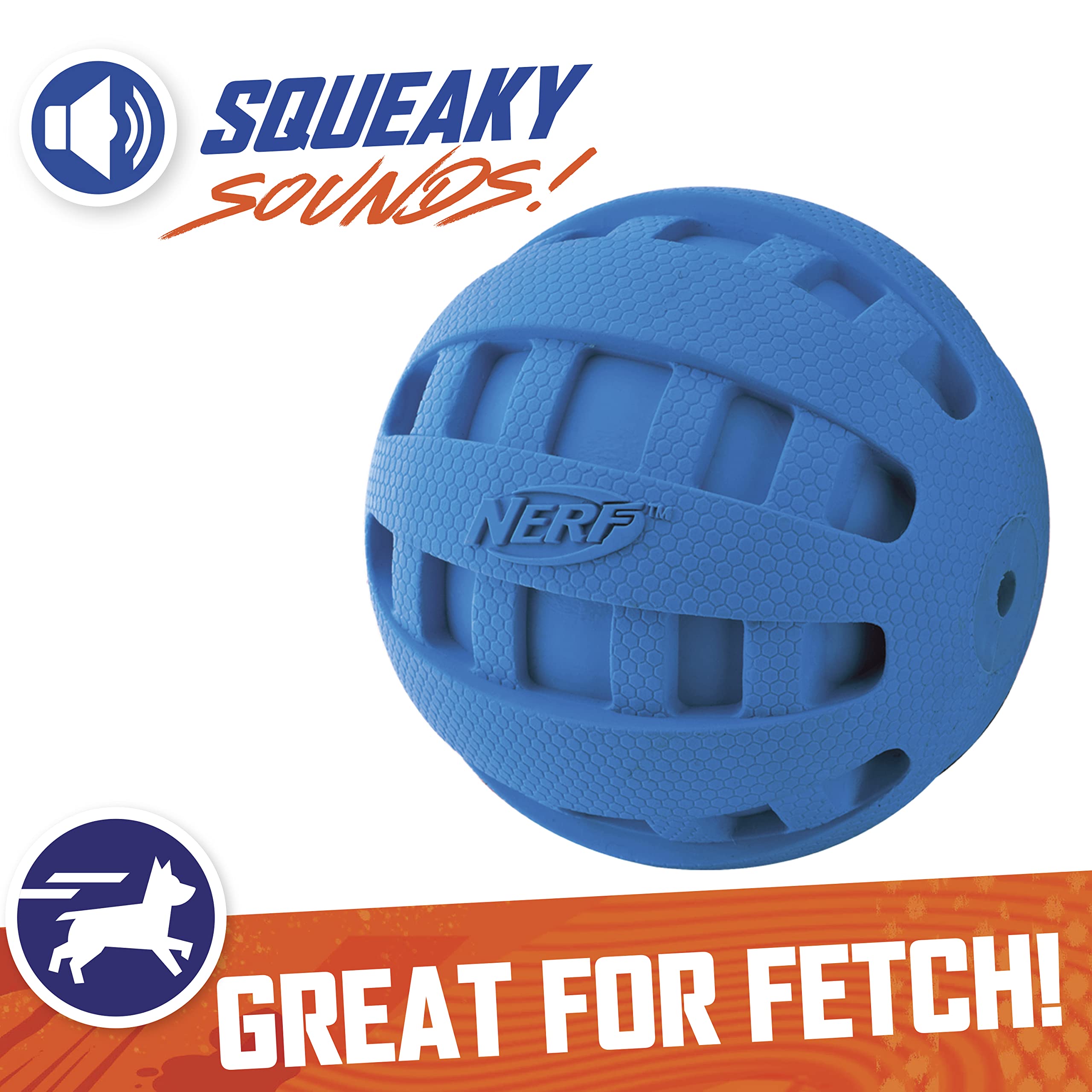 Nerf Dog Rubber Ball Dog Toy With Checkered Squeaker, Lightweight, Durable And Water Resistant, 4 Inch Diameter For Medium/Large Breeds, Single Unit, Blue