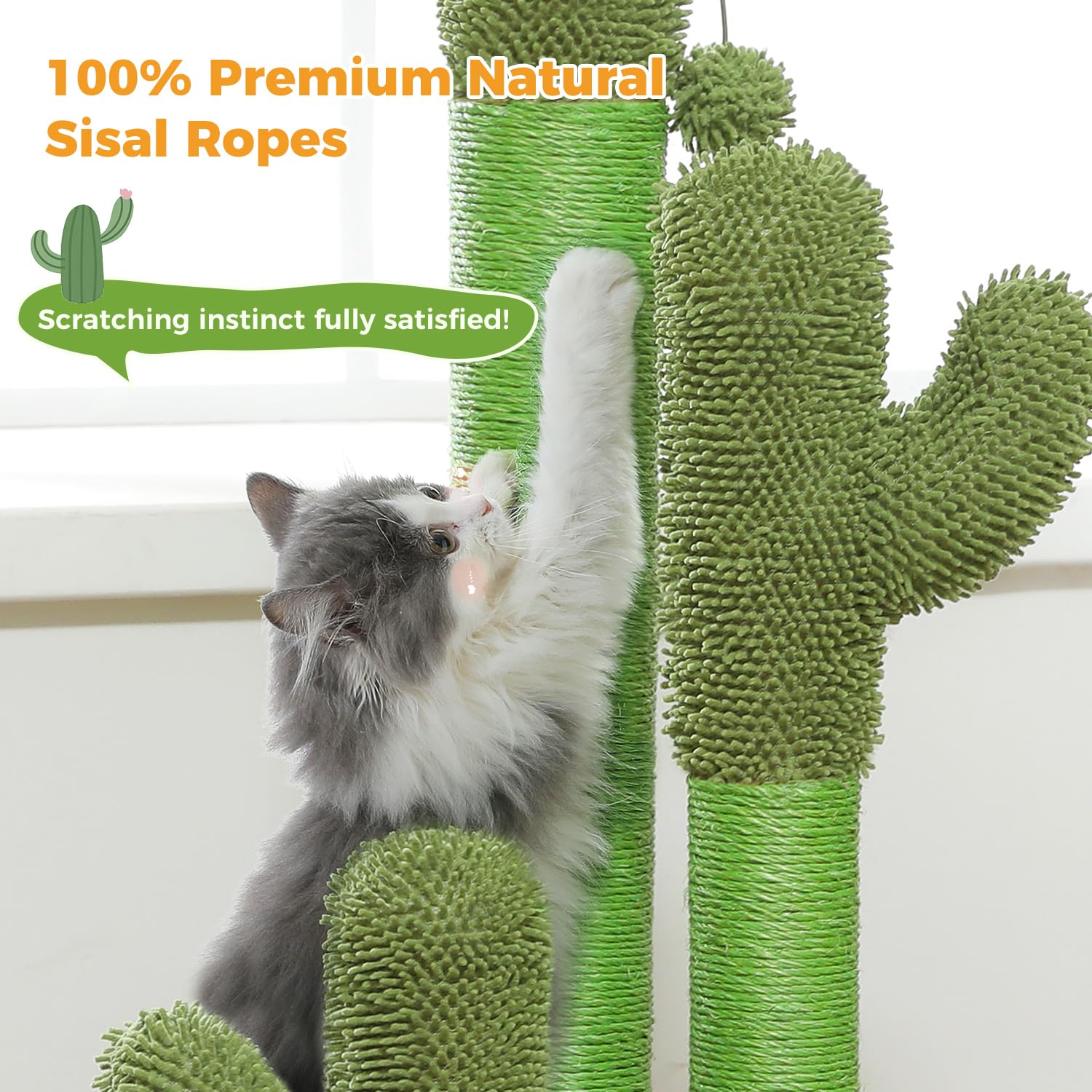 Pawz Road Cat Scratching Post Cactus Cat Scratcher Featuring With 3 Scratching Poles And Interactive Dangling Ball - 35 Inches