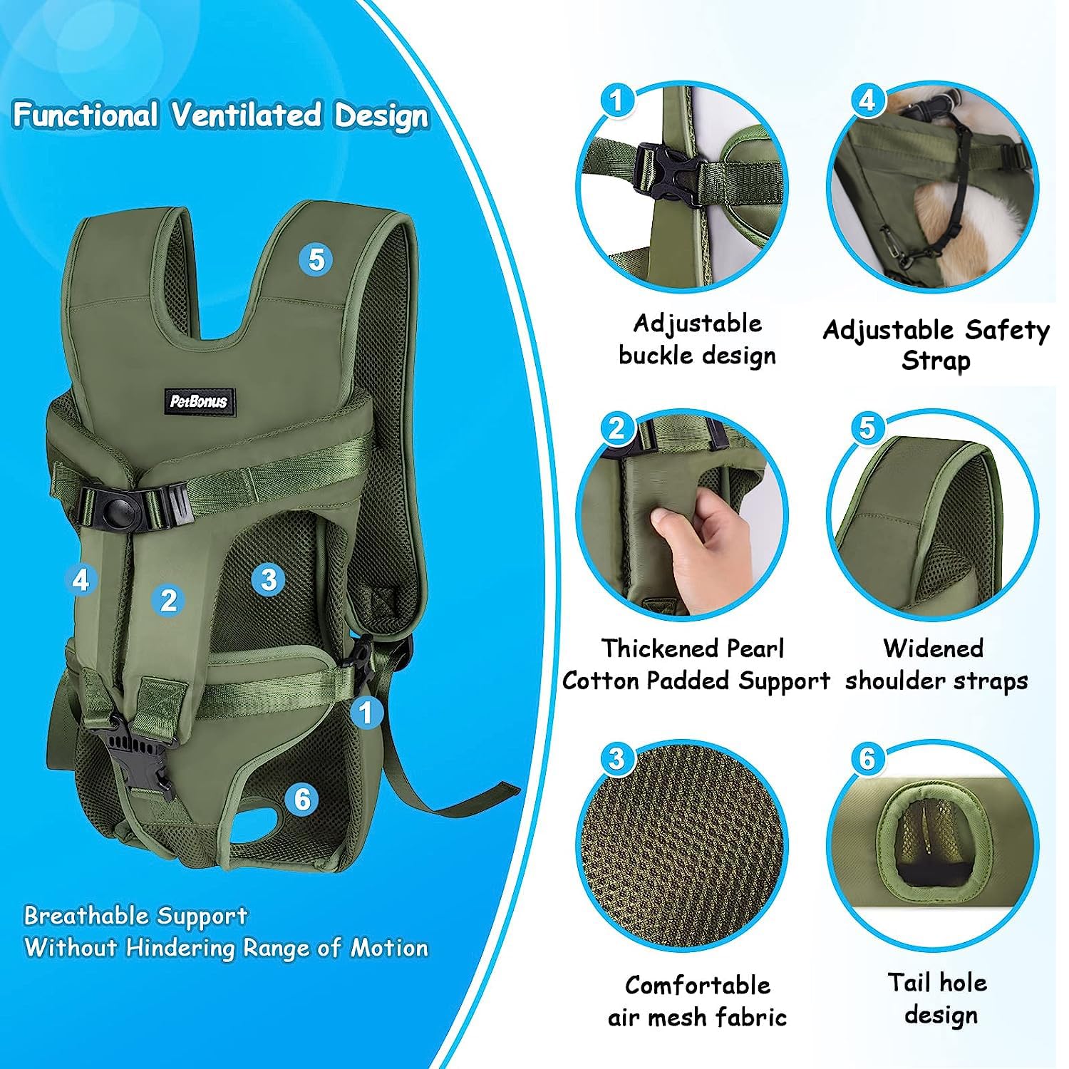 Petbonus Pet Front Dog Carrier Backpacks, Adjustable , Legs Out Easy-Fit For Medium Small Dogs, Hands Free Dog Front Carrier For