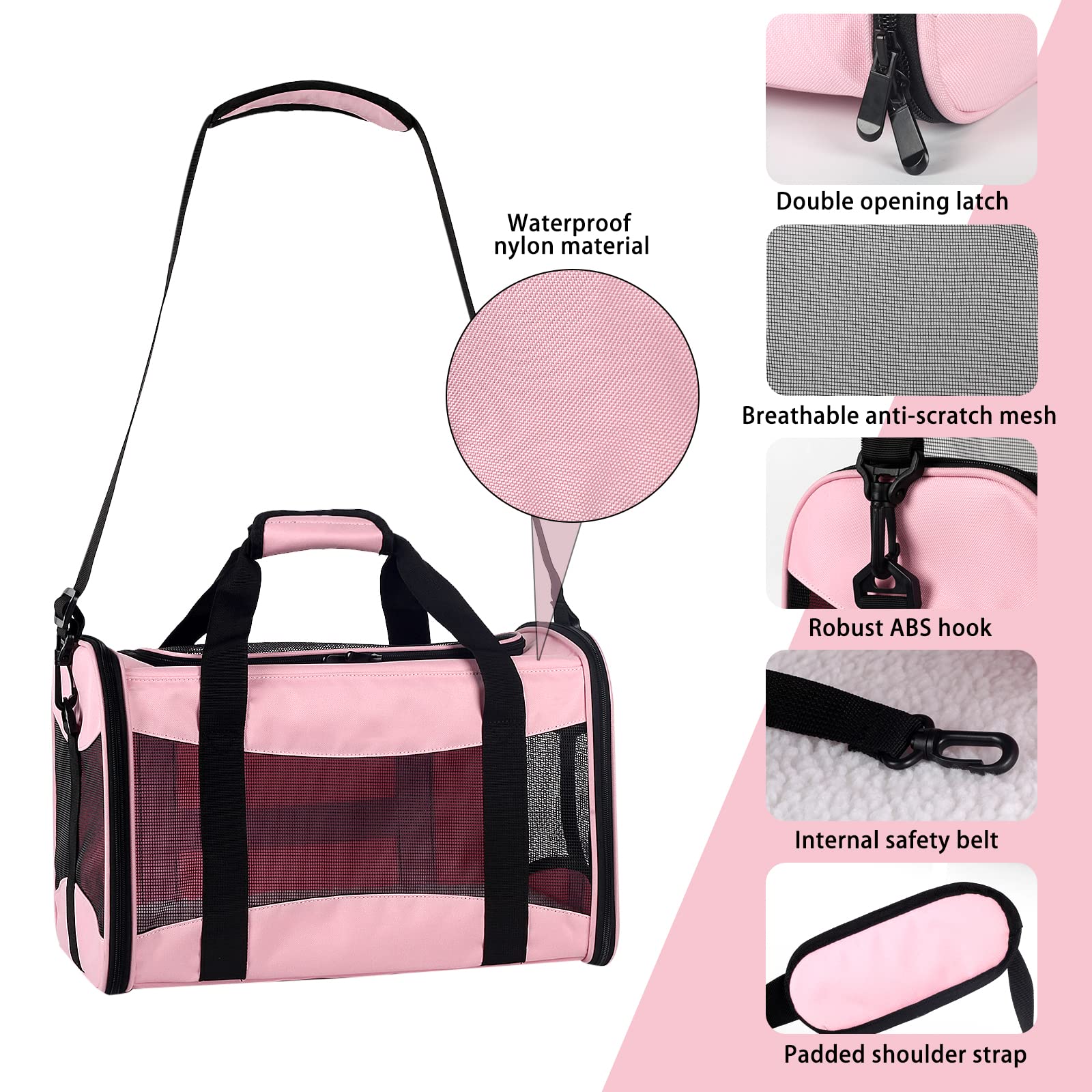 Cat Carrying Case - Pet Carrier Airline Approved, Protable And Breathable Pet Travel Carrier Removable Fleece Pad, Collapsible Cat Carrier Dog Carrier For Medium Cats Small Cats Dogs (Medium, Pink)
