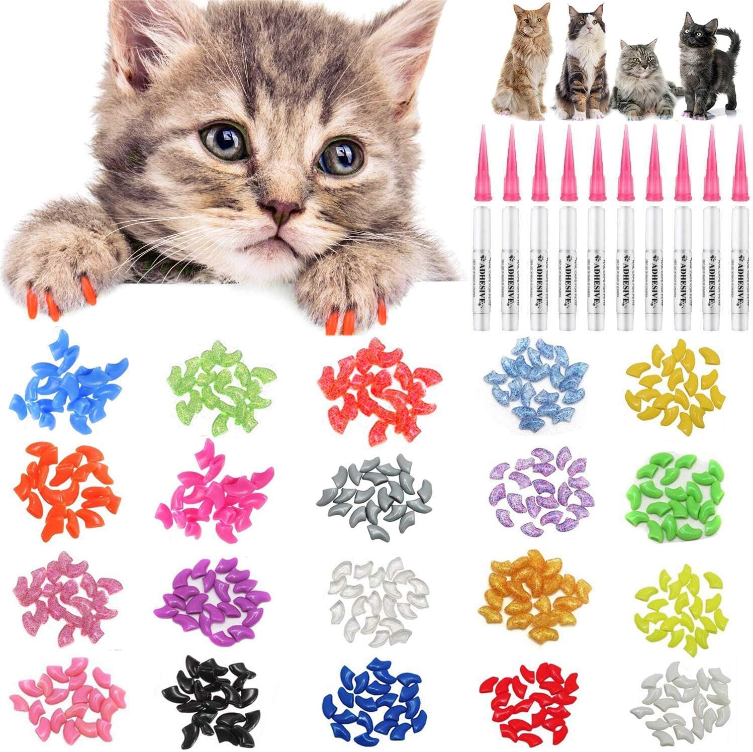 Joyjuly 100Pcs Cat Nail Caps Kitten Caps Cat Caps Cat Nail Covers With 5Pcs Adhesive Glue+5Pcs Applicators+Instruction