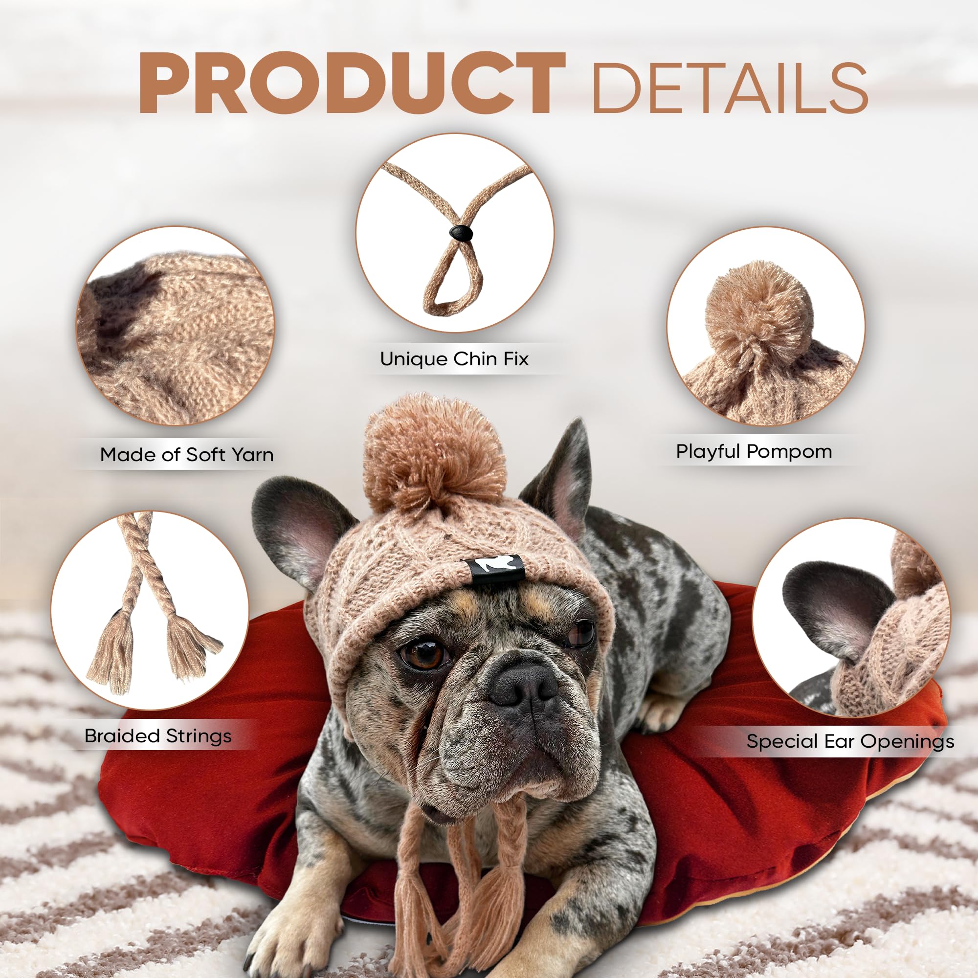 Classic Dog Knit Hat With Ear Holes & Adjustable Chin Strap - Soft Fabric Beanie For French Bulldog - Stylish Dog Accessory - Be