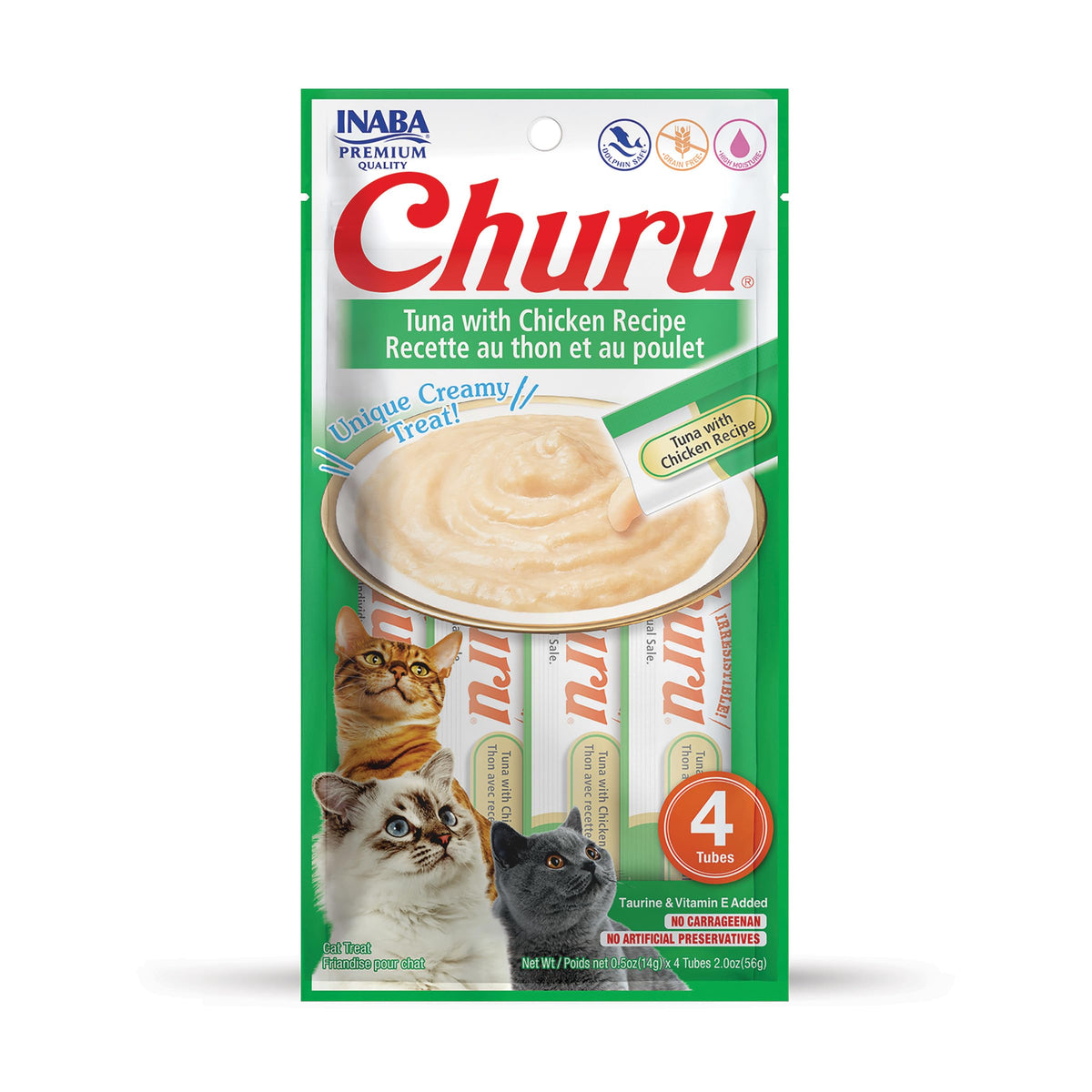 Inaba Churu Cat Treats, Grain-Free, Lickable, Squeezable Creamy Purée Cat Treat/Topper With Vitamin E & Taurine, 0.5 Ounces Each Tube, 4 Tubes, Tuna With Chicken Recipe