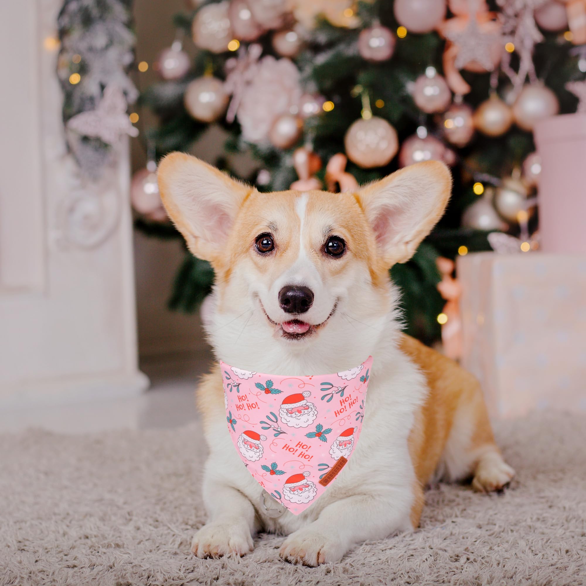 ADOGGYGO Pink Christmas Dog Bandana, Santa Xmas Tree Dog Scarf, Adjustable Fit Pink Pet Christmas Bandanas for Medium Large Dogs