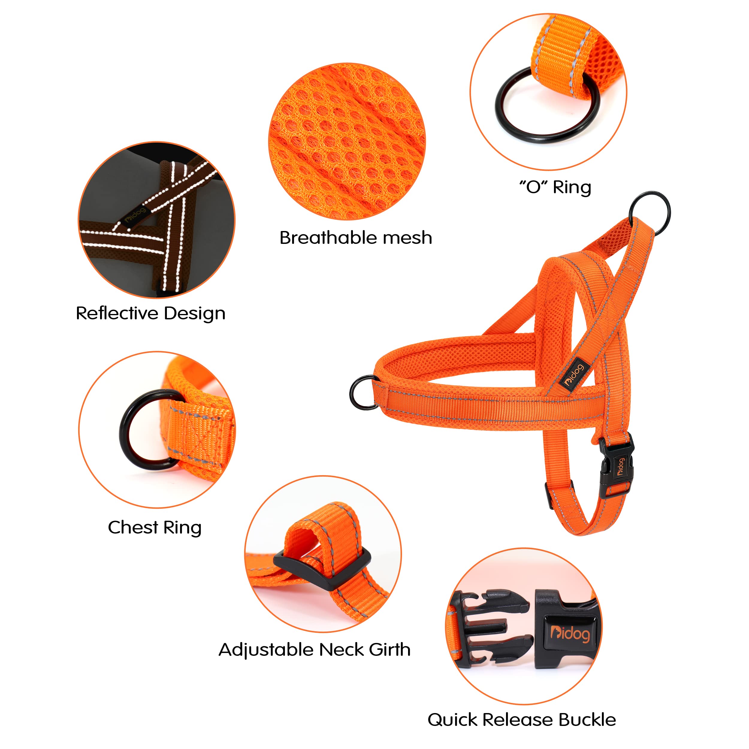 Didog Mesh Flannel Padded Dog Vest Harness, Escape Proof, Quick Fit, Size M (Chest 21-26"), Orange
