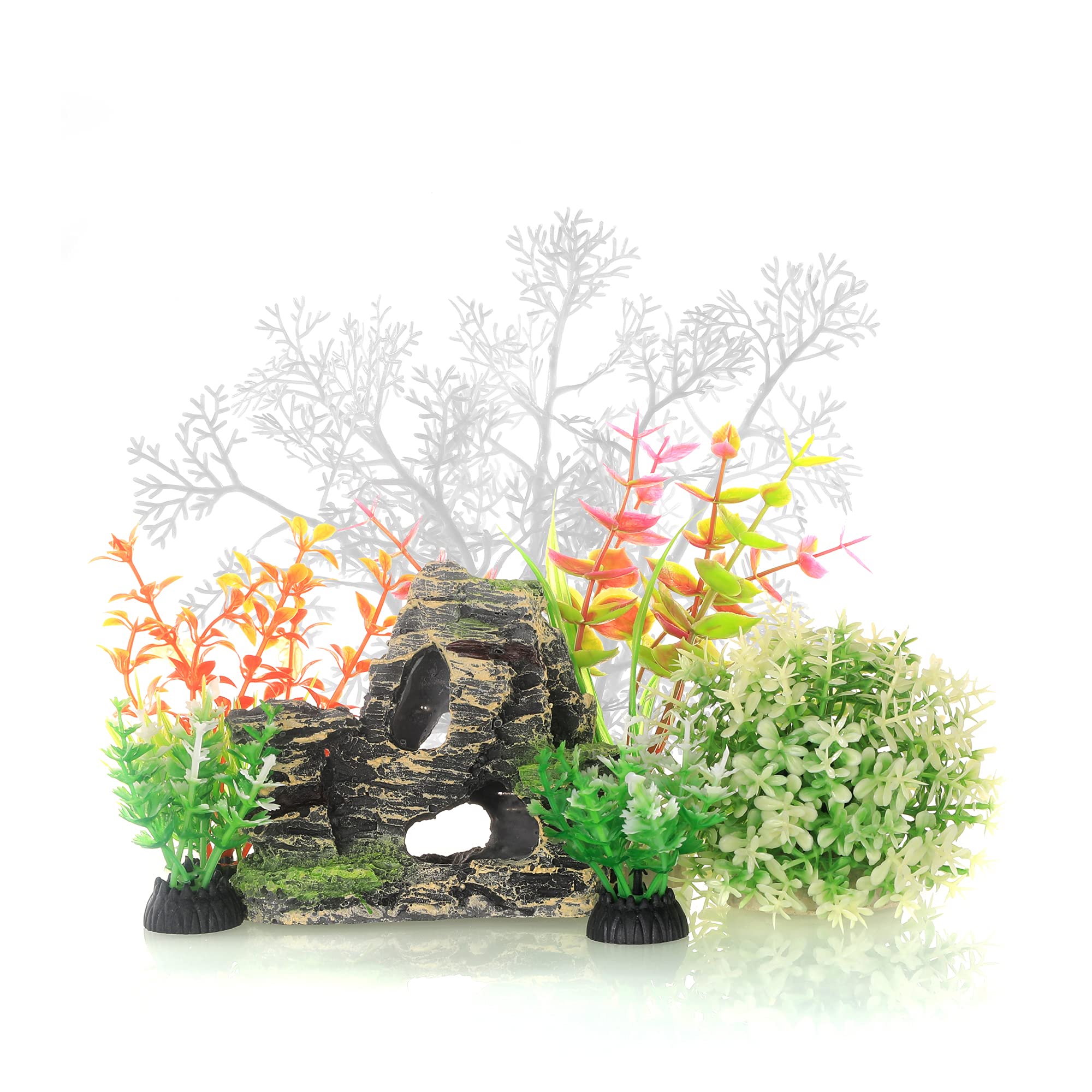 JIH Aquarium Fish Tank White Plastic Plants and Cave Rock Decorations Decor Set 7 Pieces, Small and Large Artificial Fish Tank P