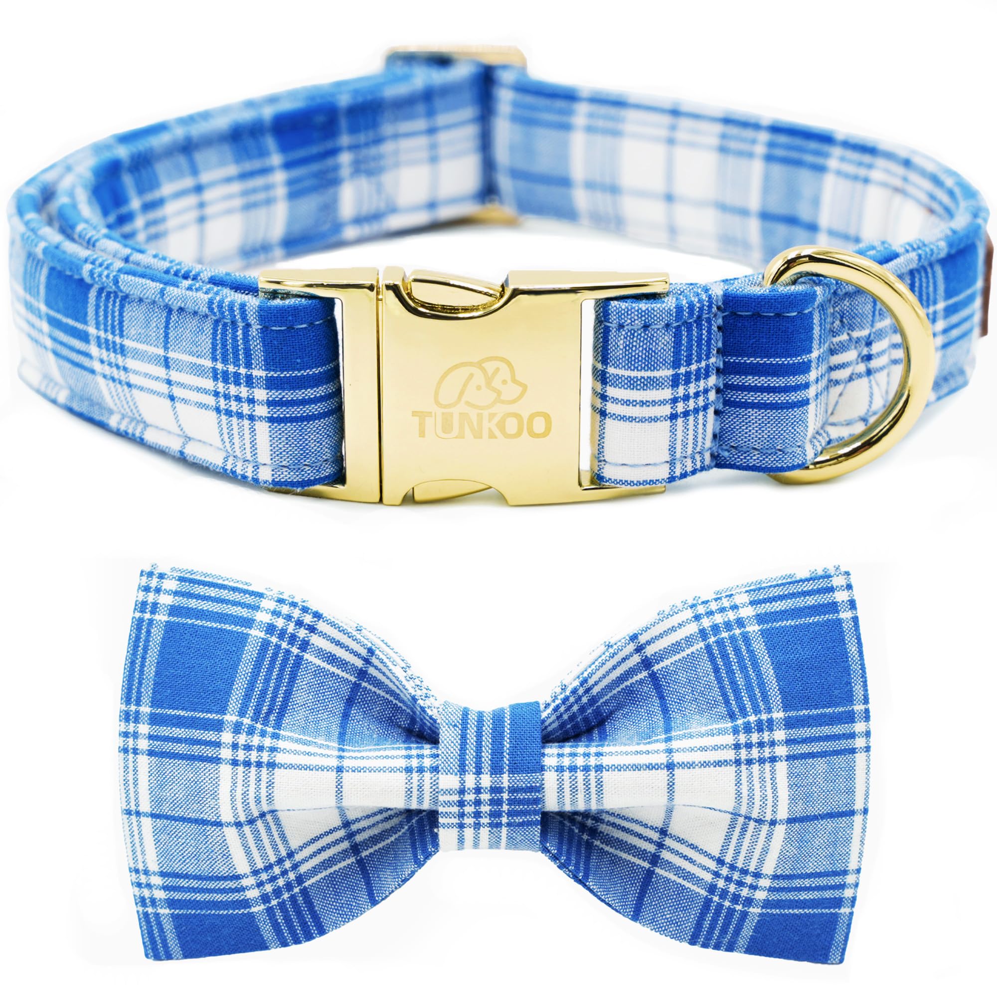Tunkoo Blue Plaid Dog Collar With Bow Tie - Fashionable Spring Summer Checkered Dog Collar - Adjustable Small Medium Large Colla