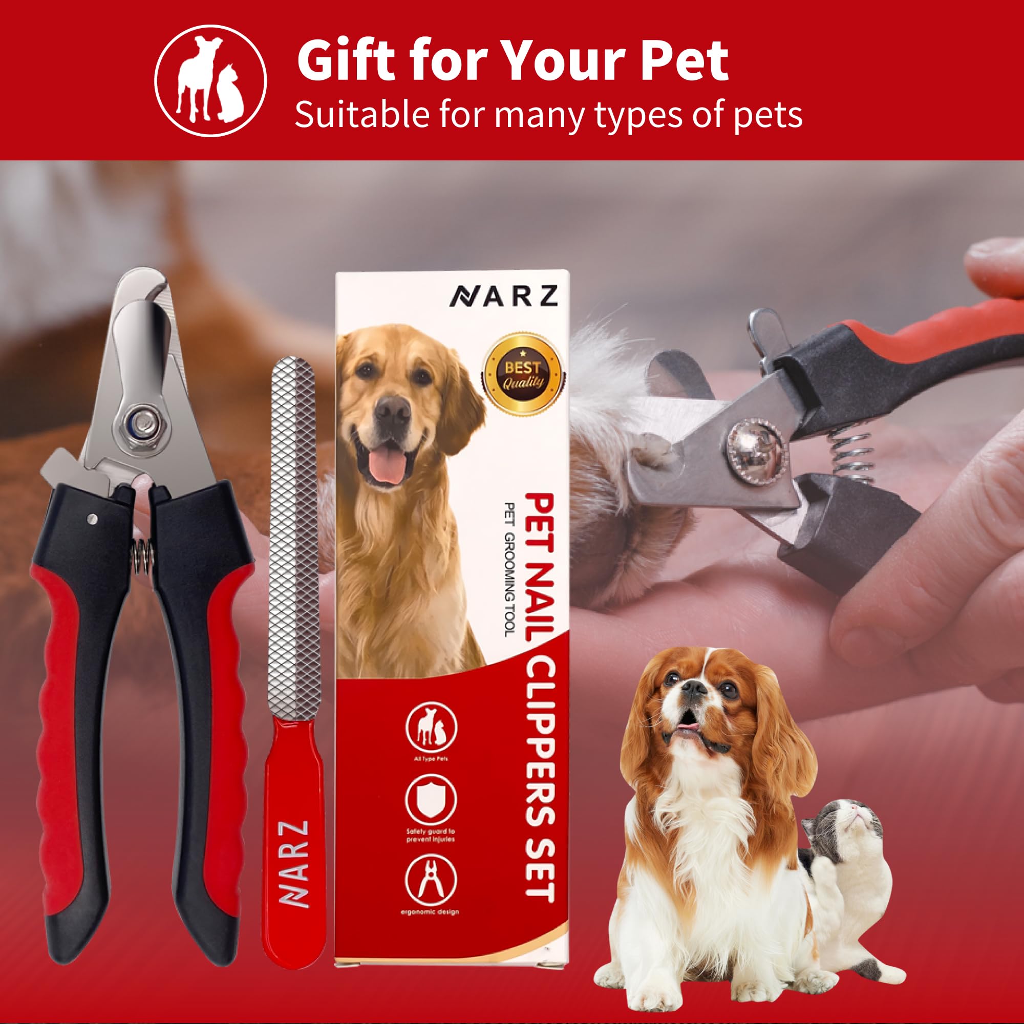 NARZ Professional Dog Nail Clippers & Cat Nail Trimmers, Regular Size, Red Rubber, Includes Safety Lock & Nail File