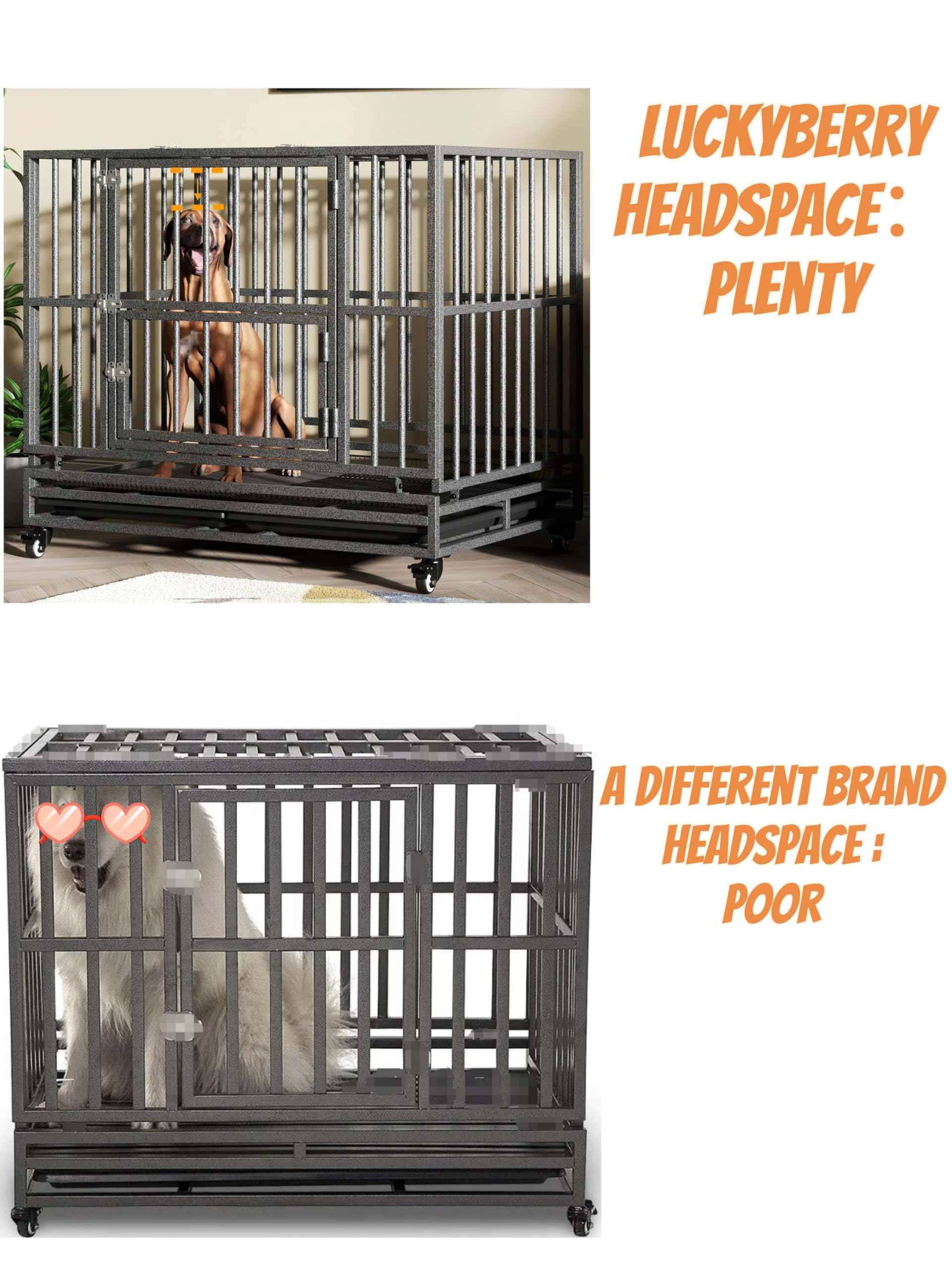Luckyberry Heavy Duty Extra Large Dog Crate With Wheels - Indestructible 42/46 Inch Chew-Proof, Escape-Proof Kennel For High-Anx