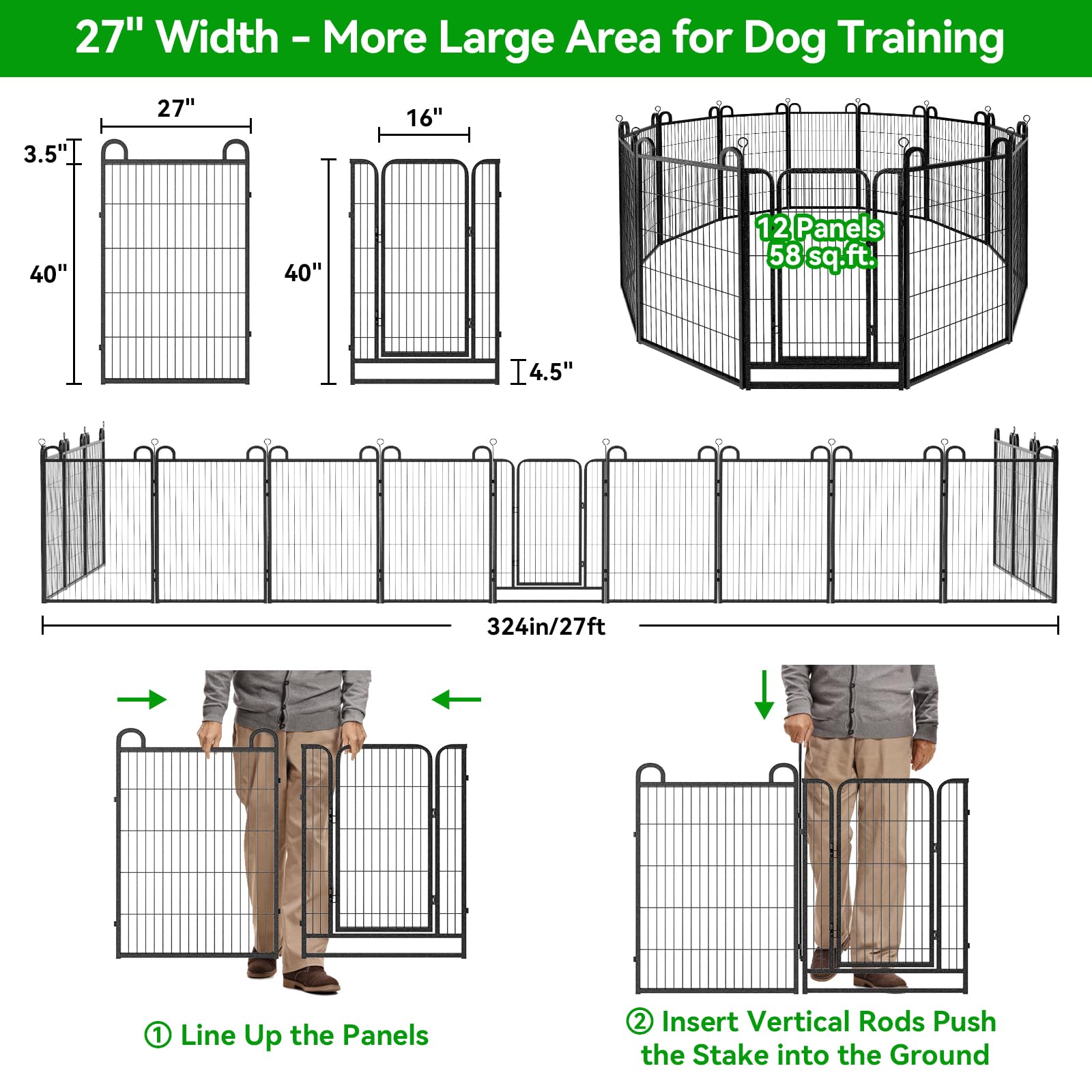 Dog Playpen Outdoor 12 Panels Heavy Duty Dog Fence 40'' Height Anti-Rust With Doors Portable For Rv Camping Yard, Total 27Ft, 58