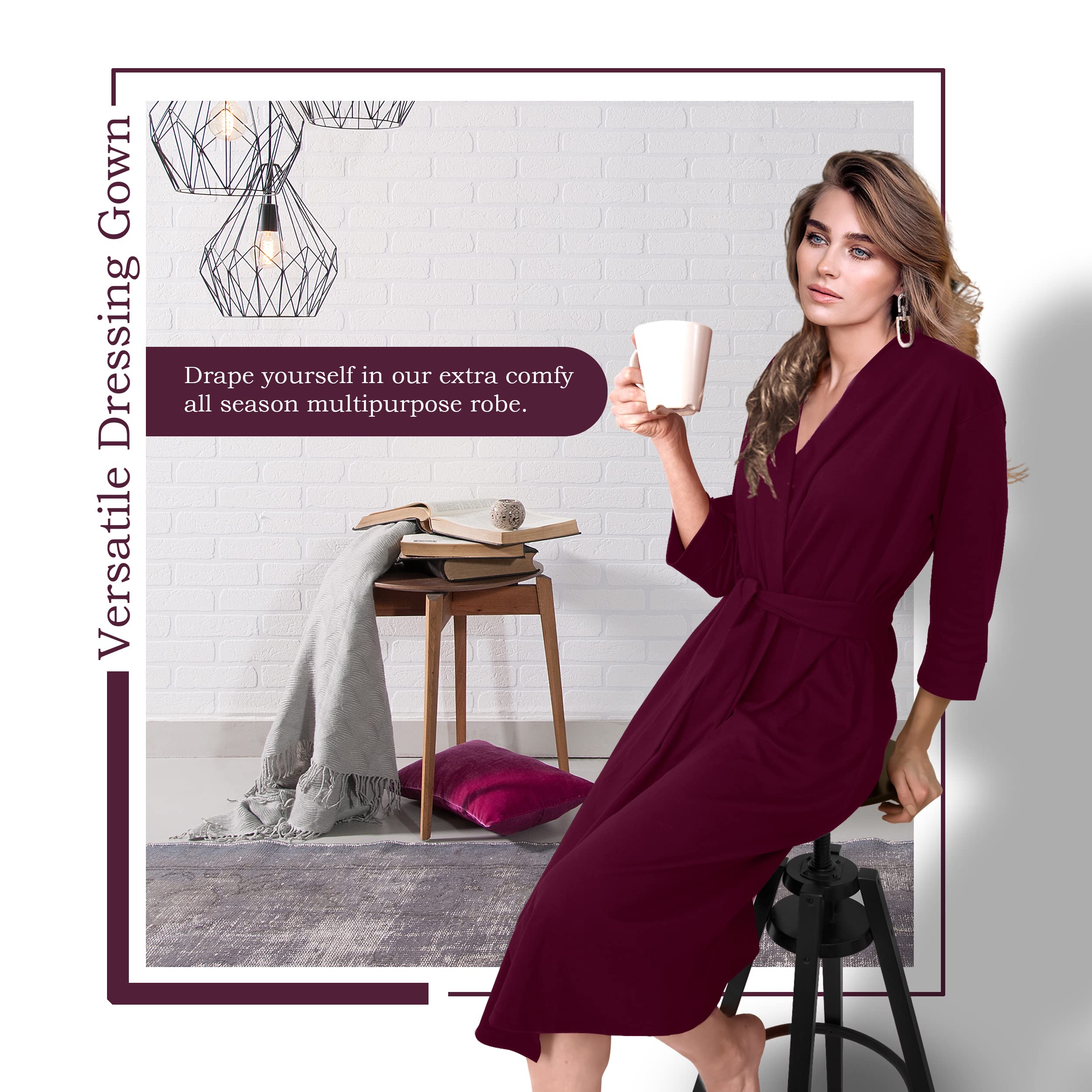 Ny Threads Luxurious Women Knit Robe Kimono Cotton Blend Bathrobe Ladies Loungewear Sleepwear (Medium, Purple Red)