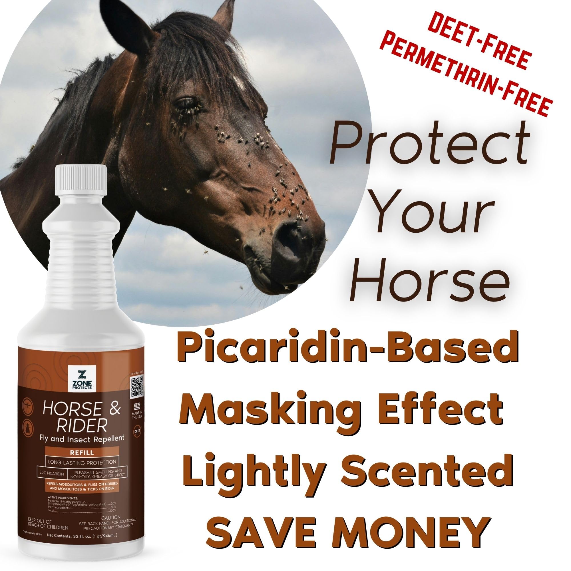 Zone Protects Horse & Rider Fly/Insect Repellent 32oz Refill; Picaridin Based, Light Fresh Scent, Masks Horse Hide; 12-Hr Proven