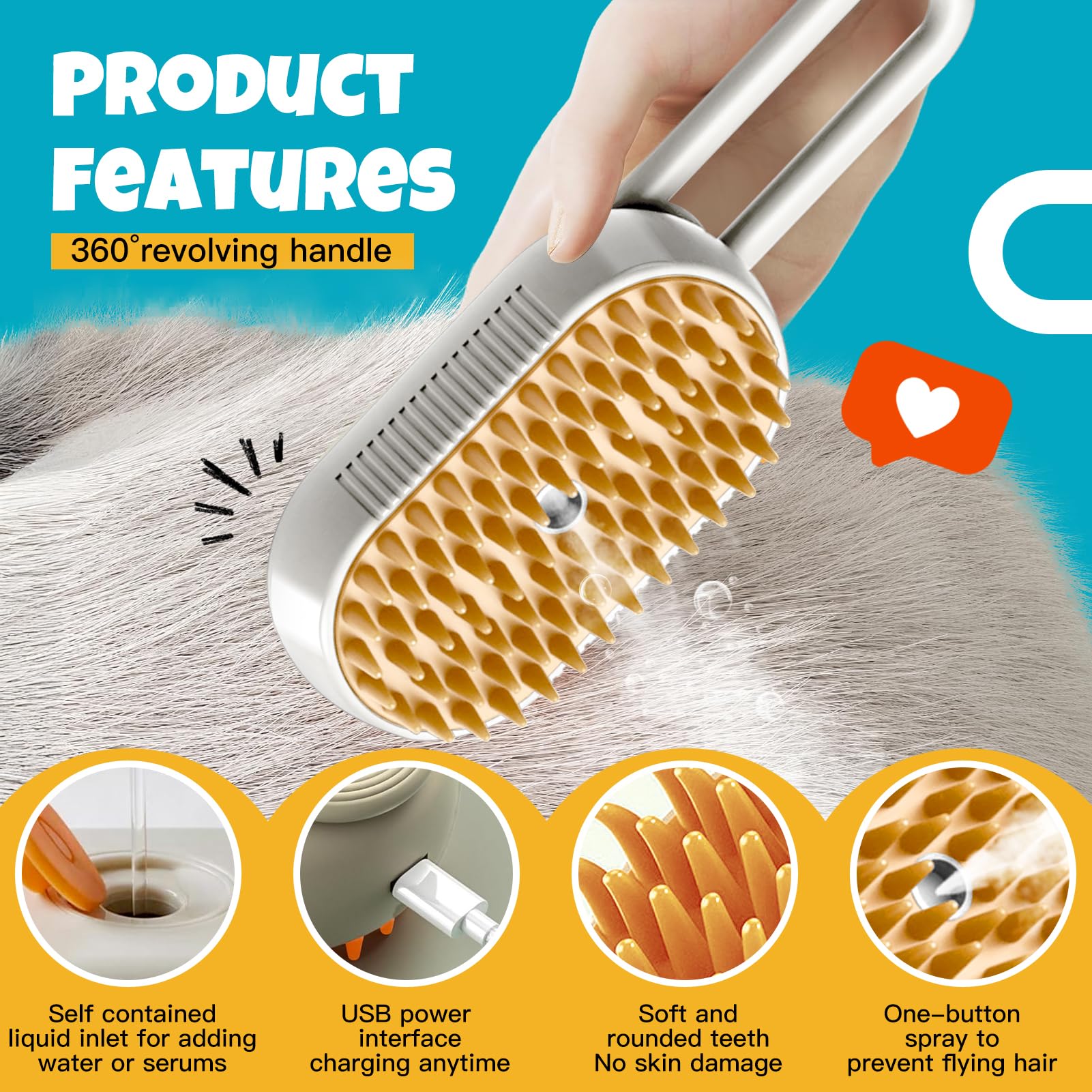 Cat Steam Brush Cats Brushs, Cat Steams Brushfor Shedding, 4-In-1 Self-Cleaning Petsteam Brushwith 360 Rotating Arm For Long And