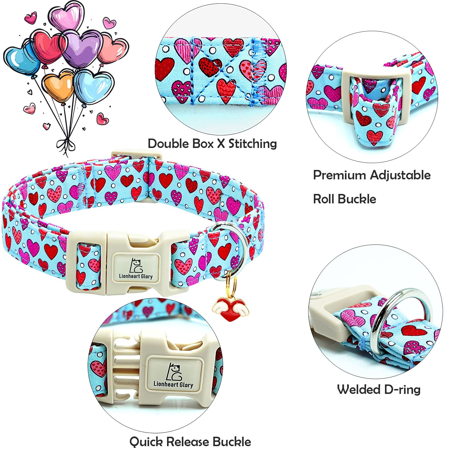 Lionheart Glory Valentine Collar-Red Hearts Dog Collar For Large Cute Dog Collars Spring Female Male Pet Gift Adjustable Heavy-D