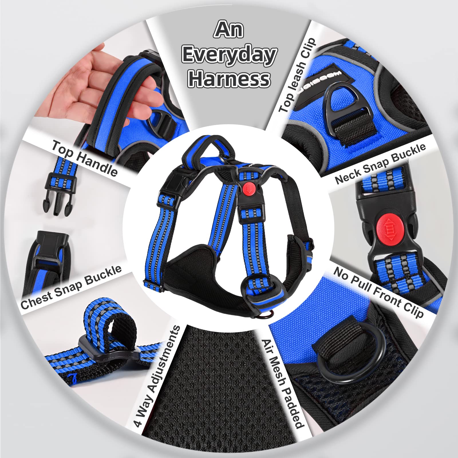 Juqiboom No Pull Dog Harness, Adjustable Soft Padded Dog Vest, Reflective No-Choke Pet Oxford Vest With Easy Control Handle For Small And Large Dogs (Blue, Small)